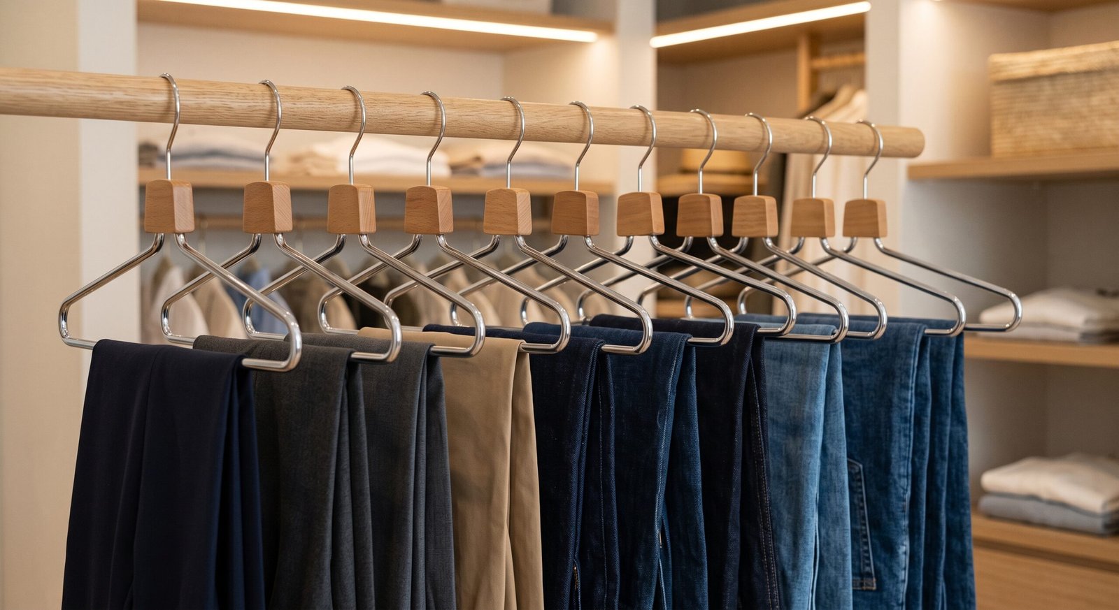 capsule wardrobe organization tips featuring space-saving pants hangers