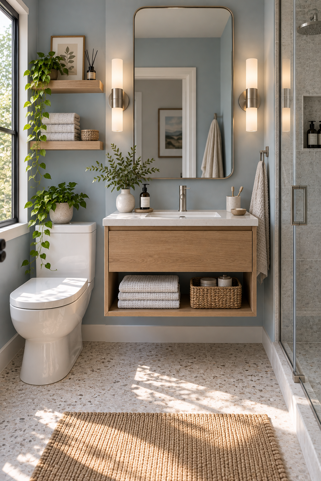 Floating bathroom vanity with drawer and open shelf in a compact bathroom