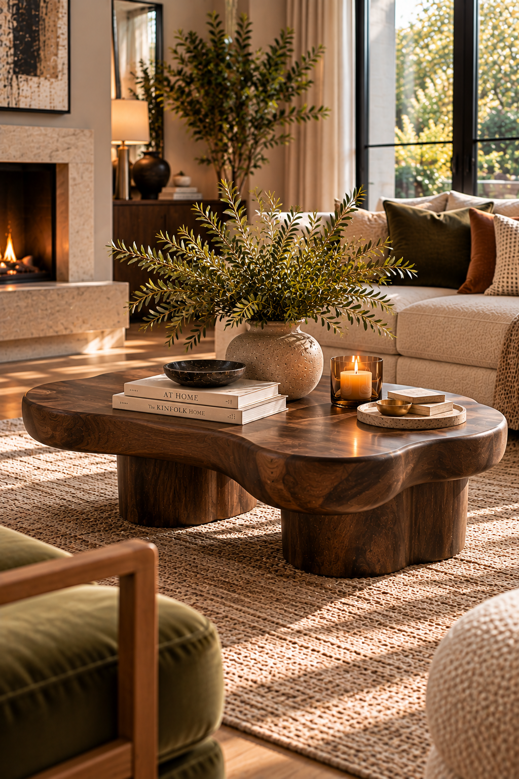 Organic dark wood statement coffee table in a modern designer living room