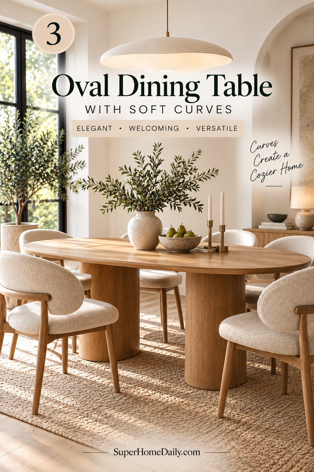 Oval modern organic dining table with warm wood finish and softly curved edges