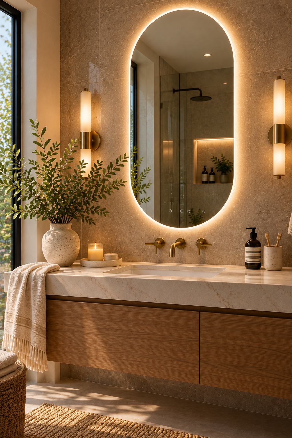 Oval vertical frameless LED mirror in a modern bathroom
