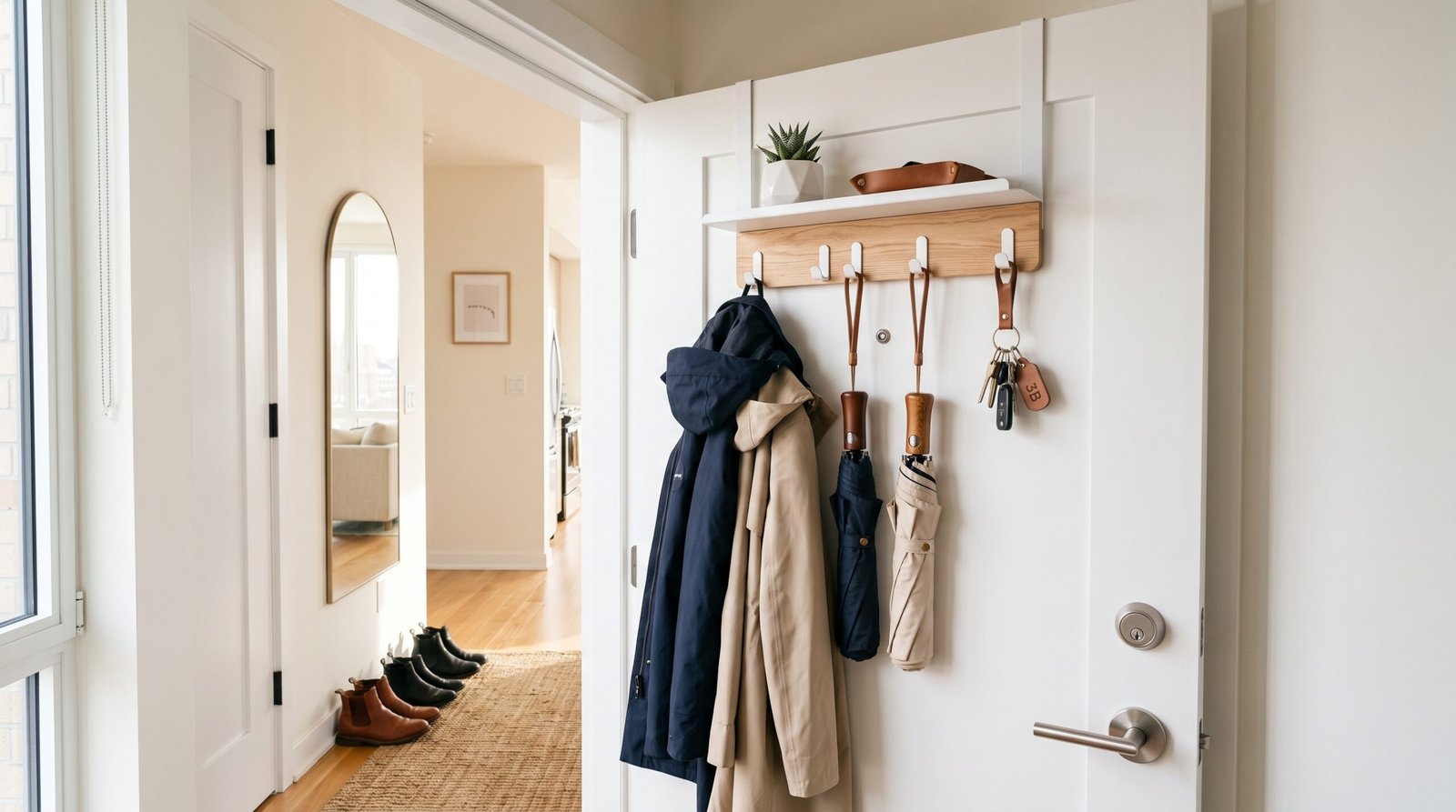 renter-friendly wall hook ideas for coats and keys over the door rack