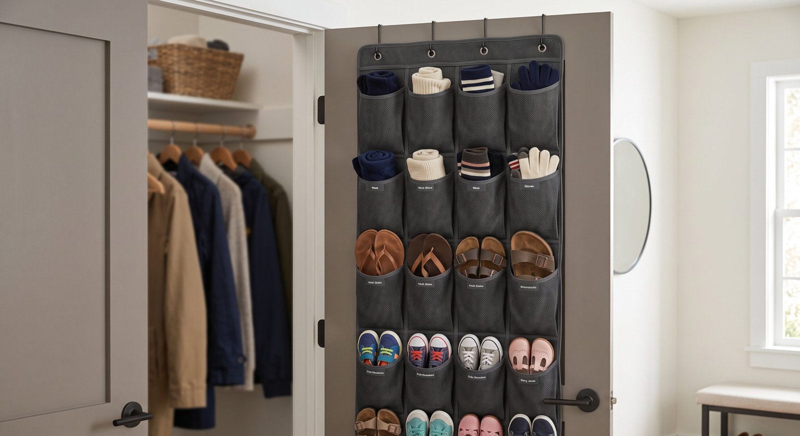 small entryway shoe storage solutions for big families using over the door pocket organizers