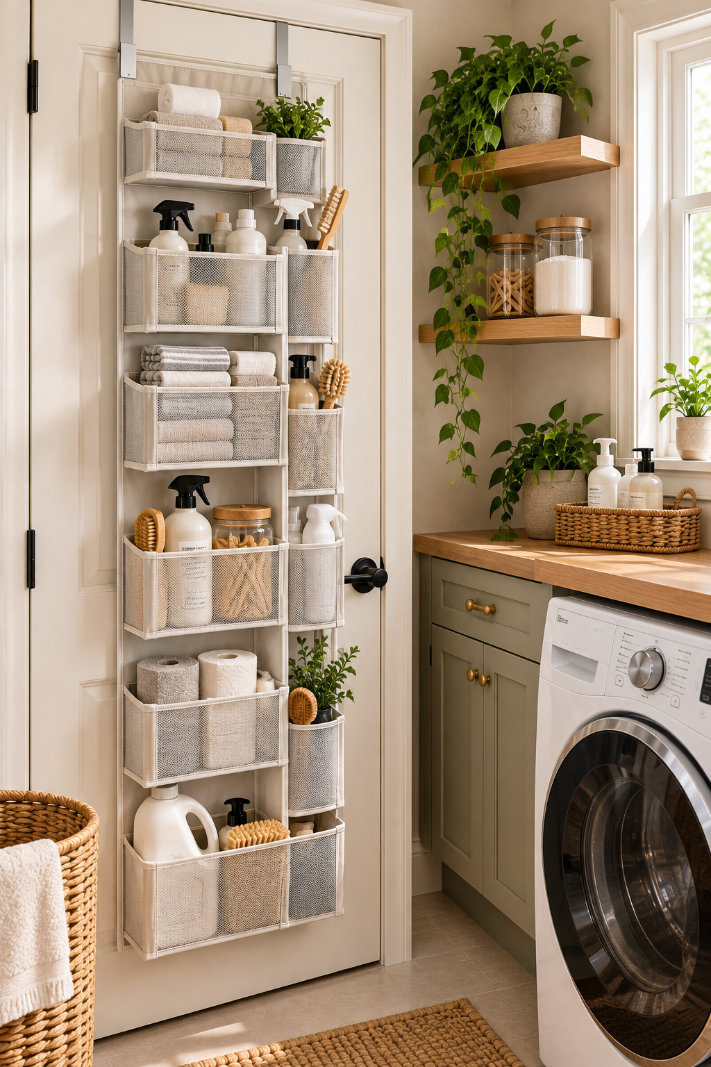 Over-the-door organizer for small laundry room storage