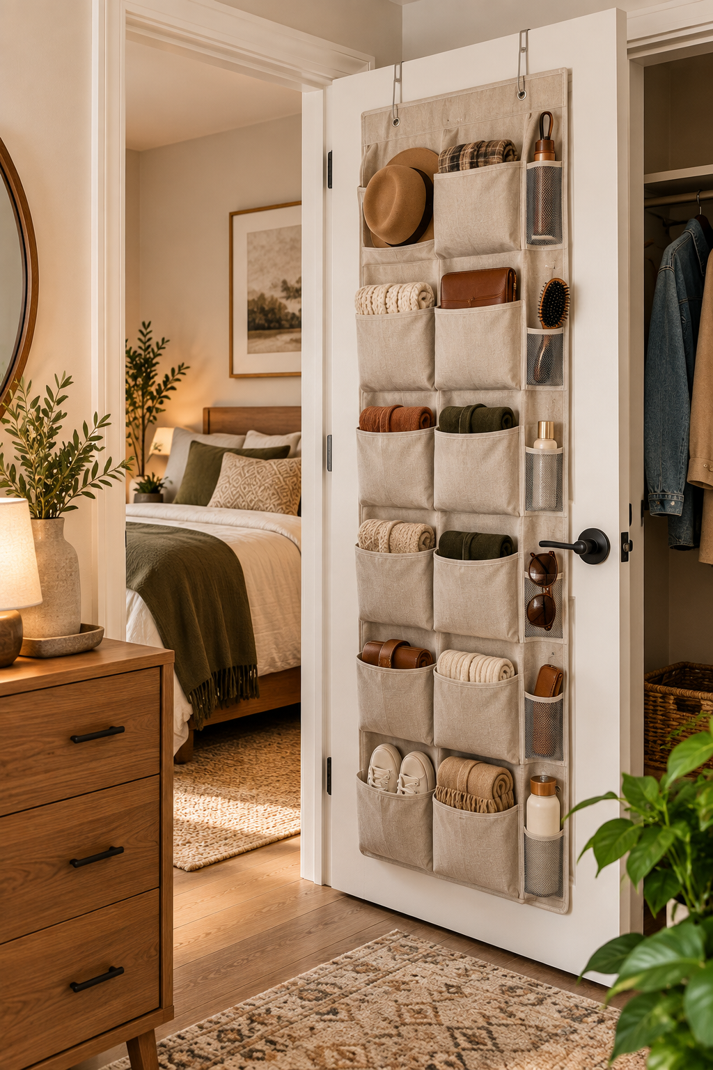 Over-the-door pocket organizer for small space storage in an apartment without closets