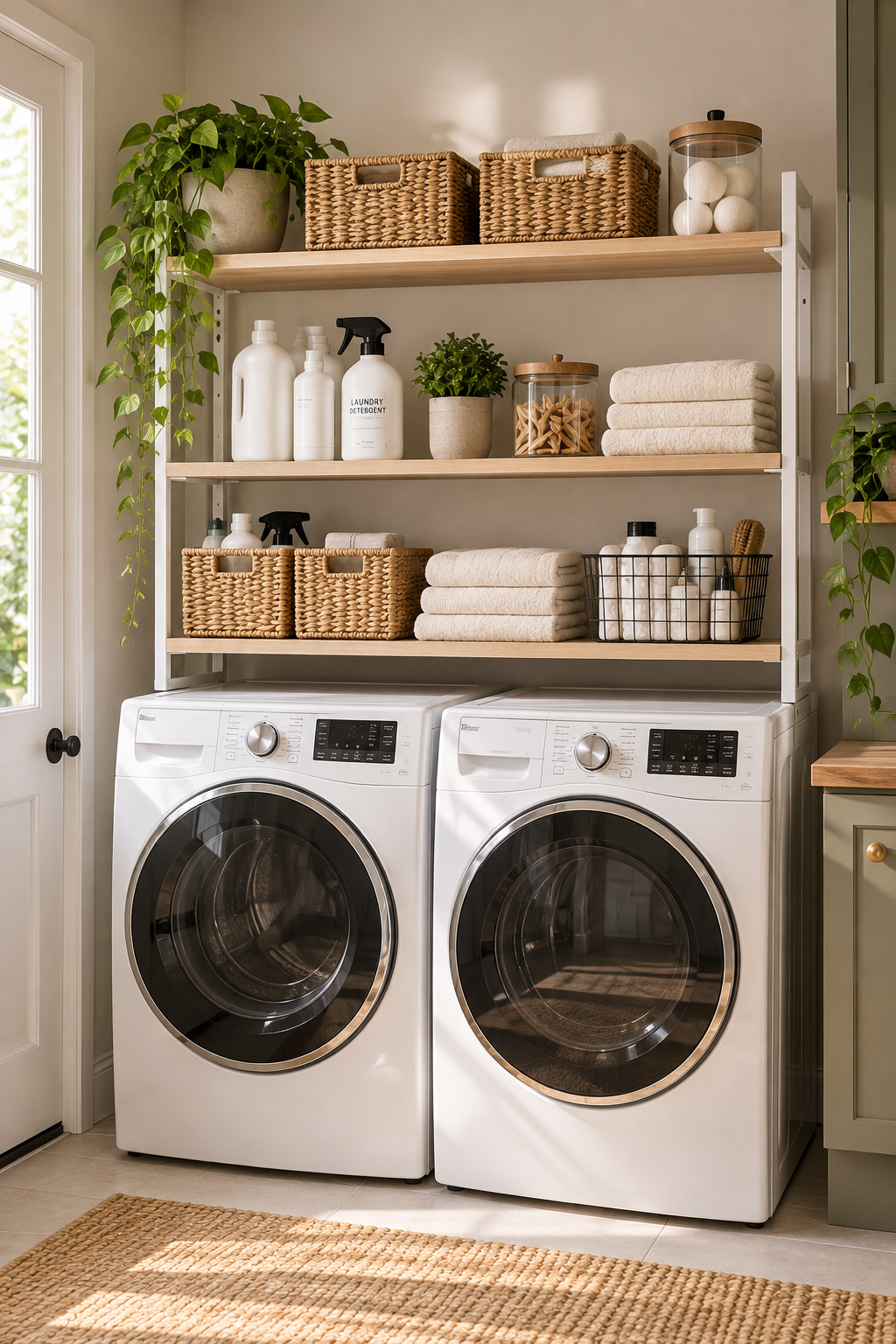 Over-the-washer storage shelves for small laundry room storage ideas