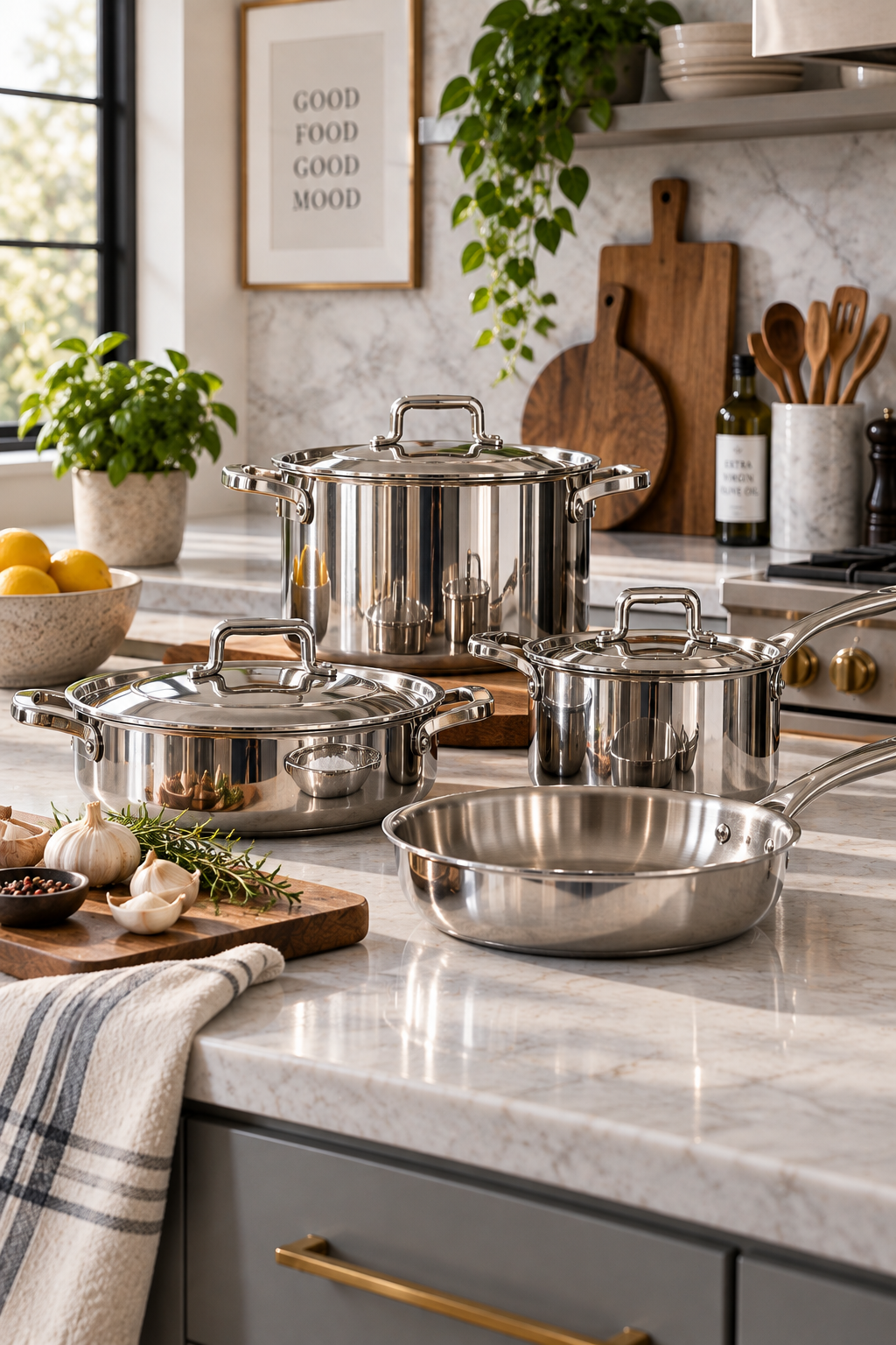 Polished stainless steel cookware in a modern designer kitchen
