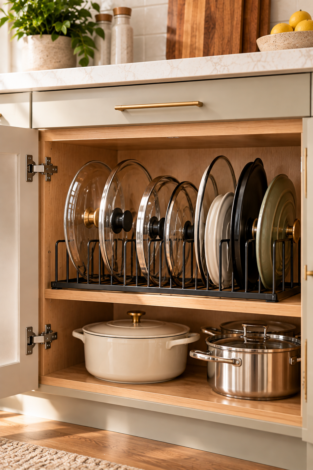 Pot lid organizer rack for practical kitchen cabinet organization ideas