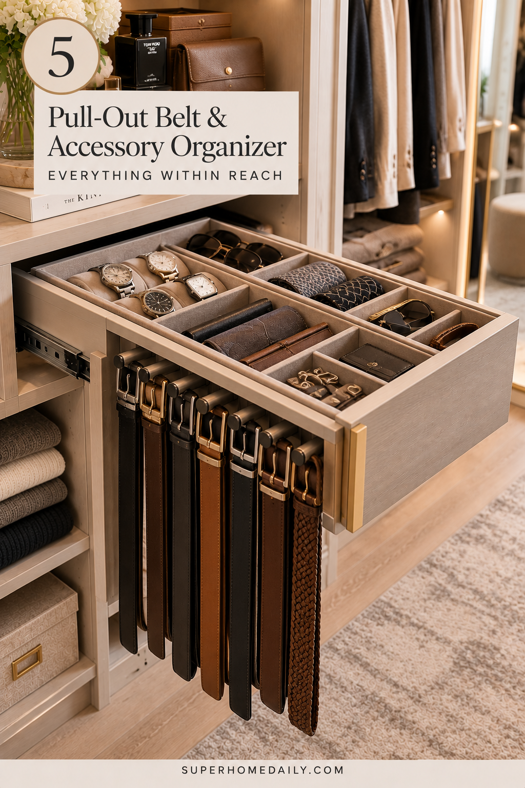 Pull-out belt and accessory organizer inside a luxury walk-in closet