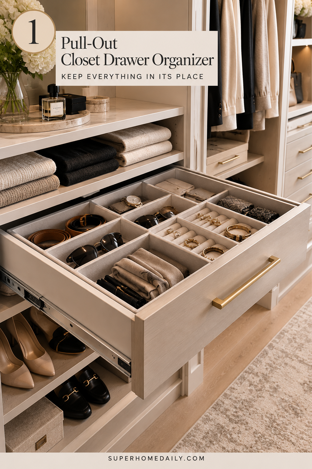 Pull-out closet drawer organizer for accessories in a luxury walk-in closet