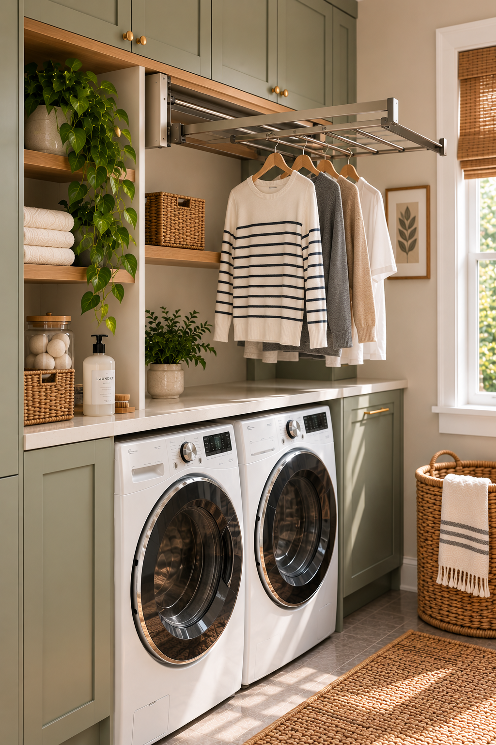 Pull-out hanging rack for clothes in a small laundry room