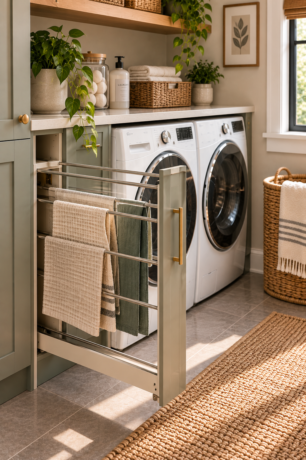 Pull-out drying rack in a small laundry room