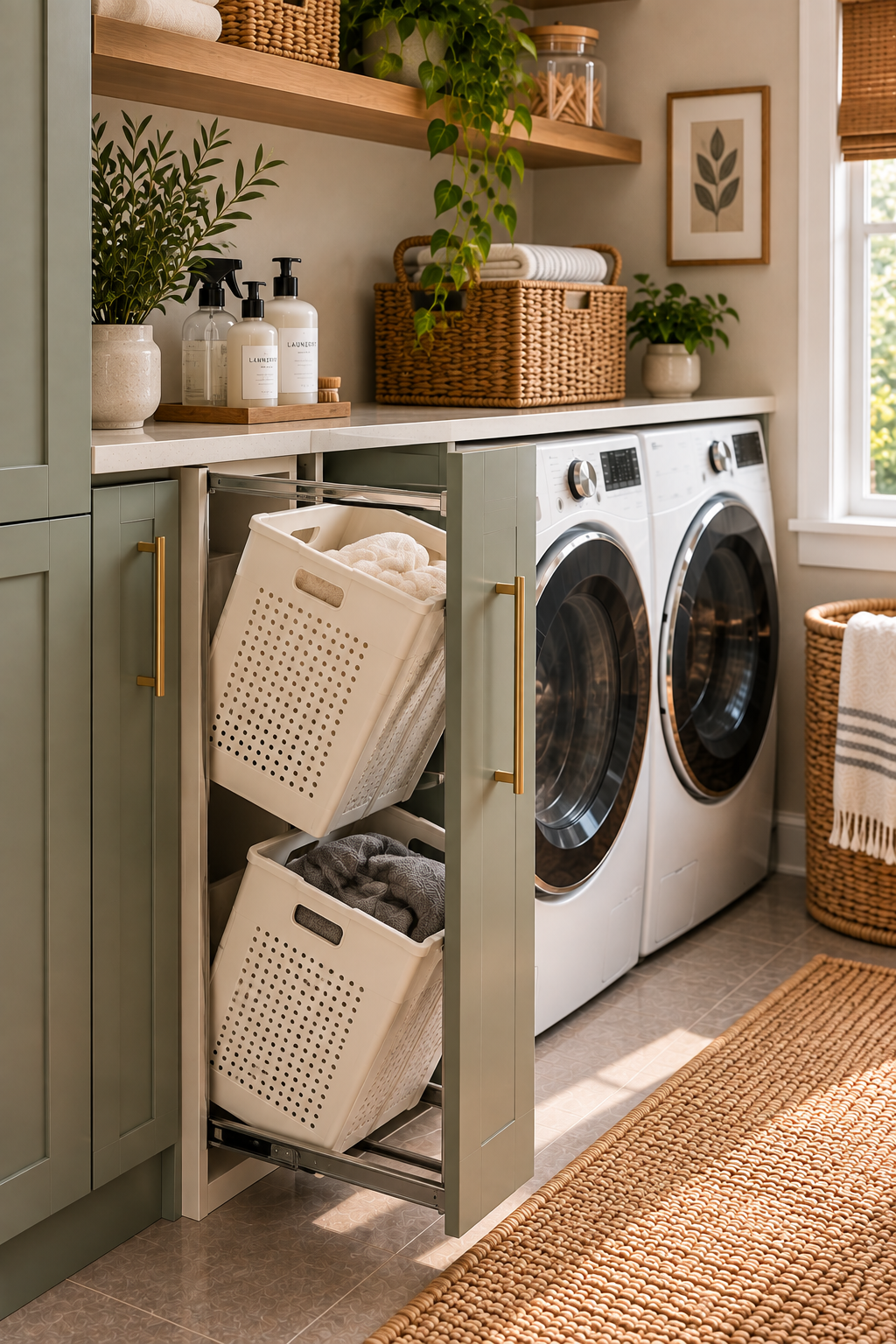 Pull-out laundry hamper in a small laundry room cabinet
