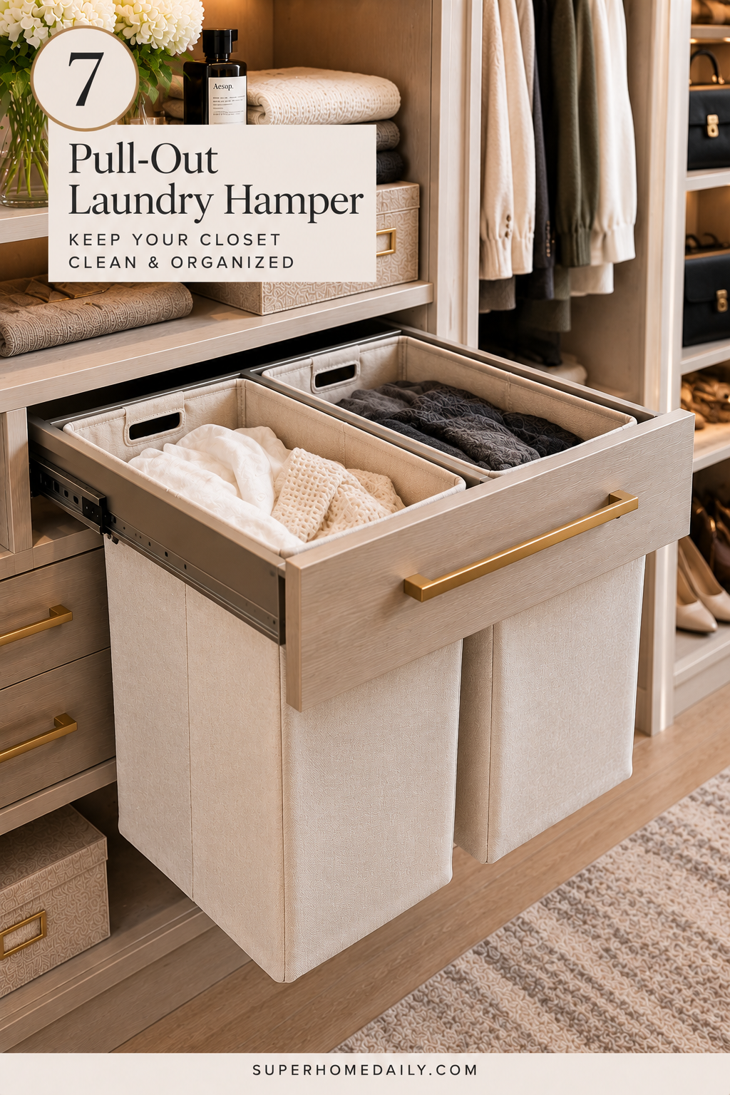 Pull-out laundry hamper for hidden storage in a luxury walk-in closet
