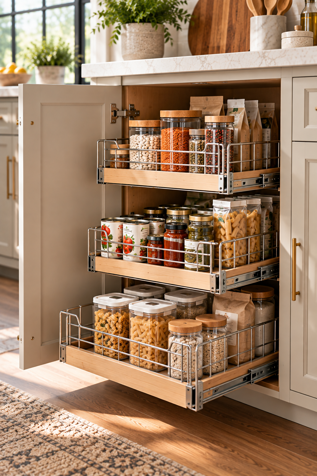 Pull-out pantry baskets for smart kitchen cabinet organization ideas