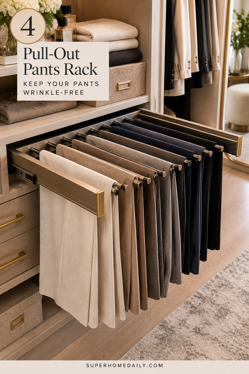 Pull-out pants rack organizing trousers in a luxury walk-in closet