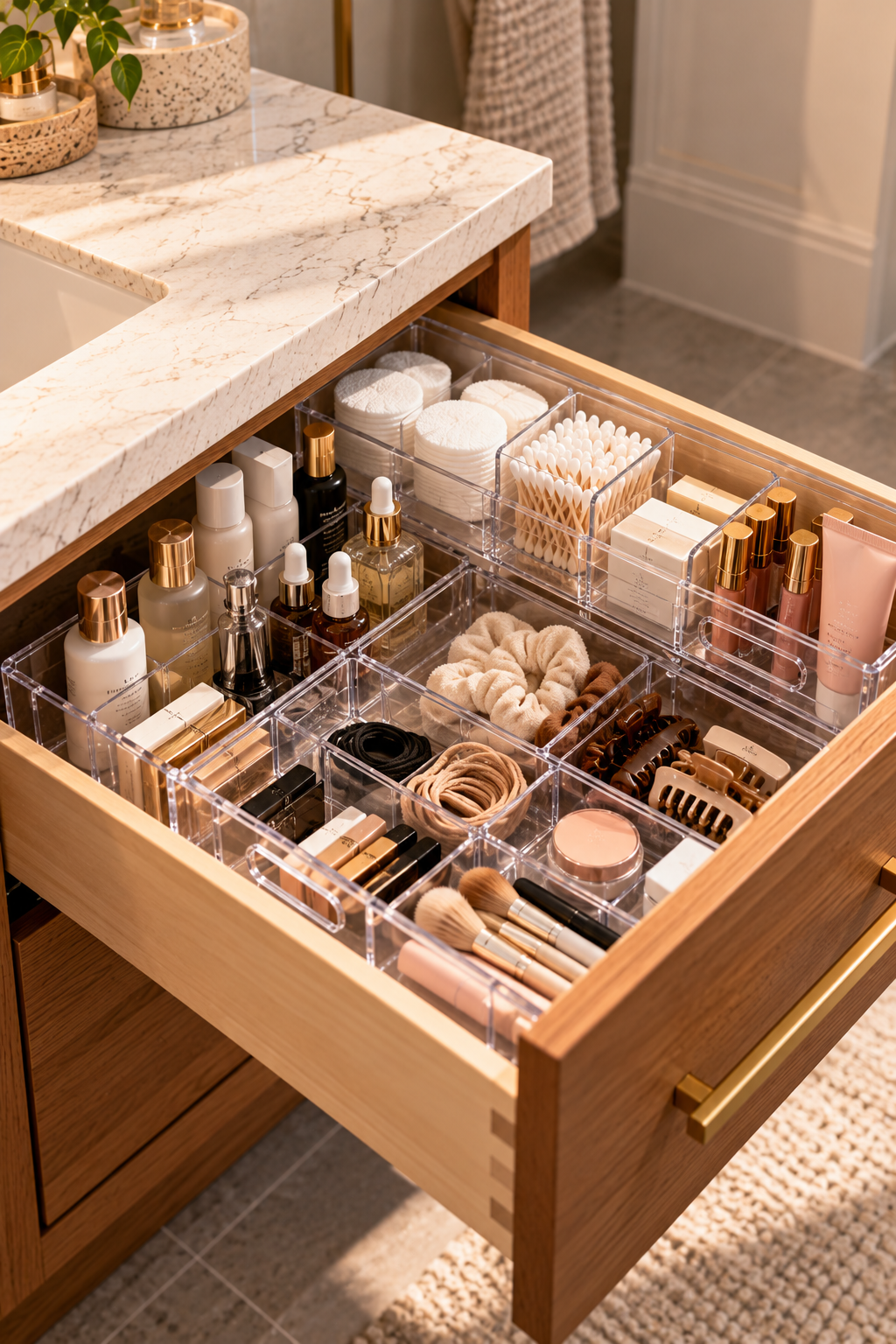 Pull-out vanity drawer organizer for clutter-free bathroom storage