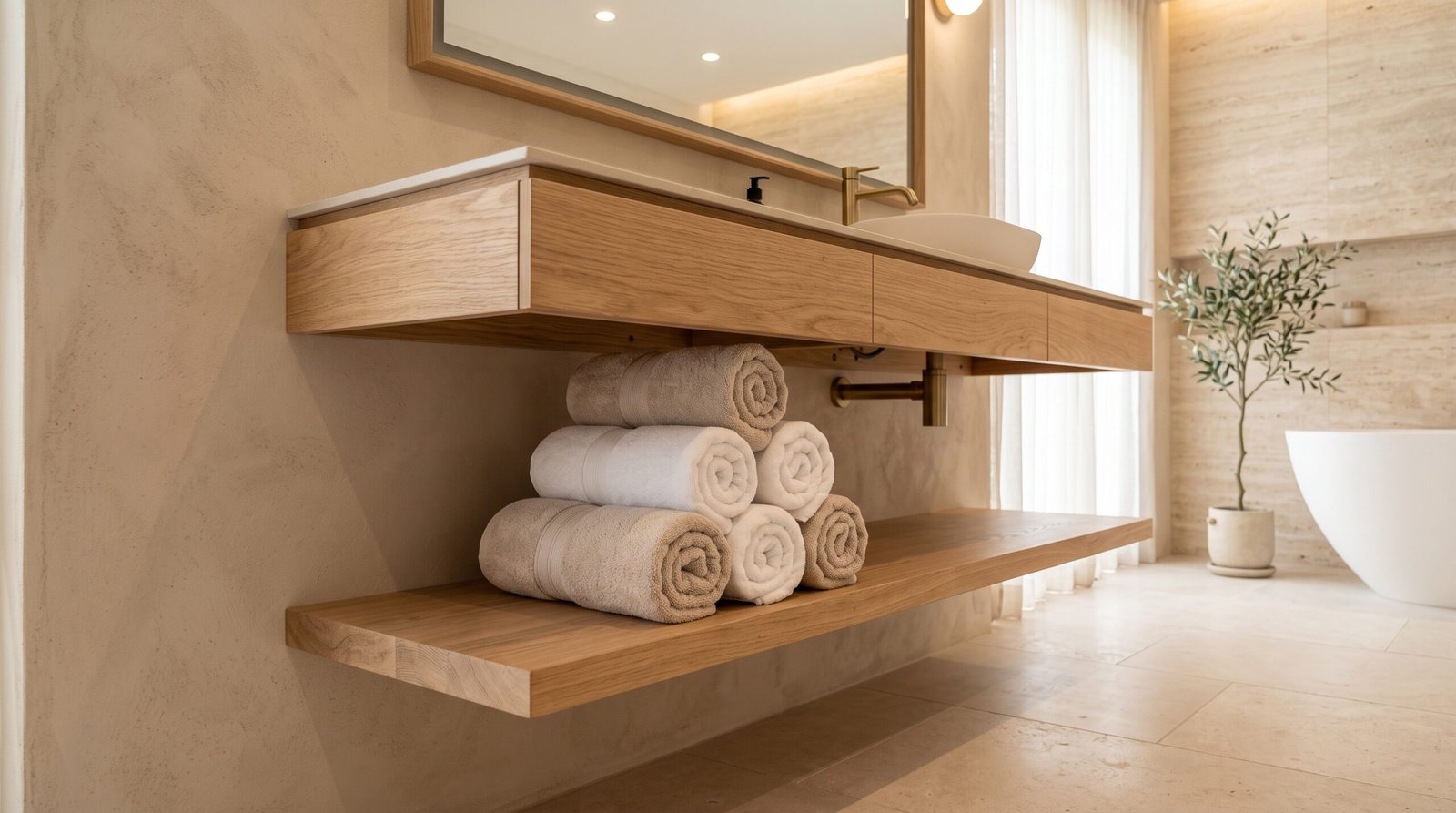roll and display bath towels pyramid stack open shelf