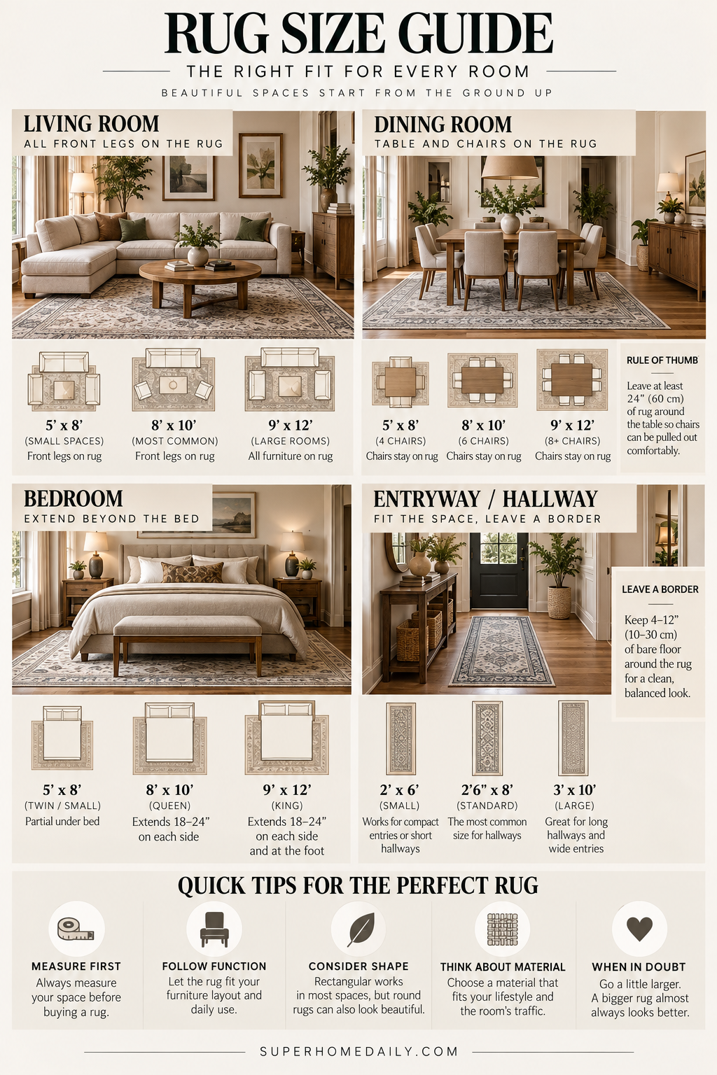 How to choose the right rug size for living rooms, bedrooms, dining rooms, entryways, and hallways