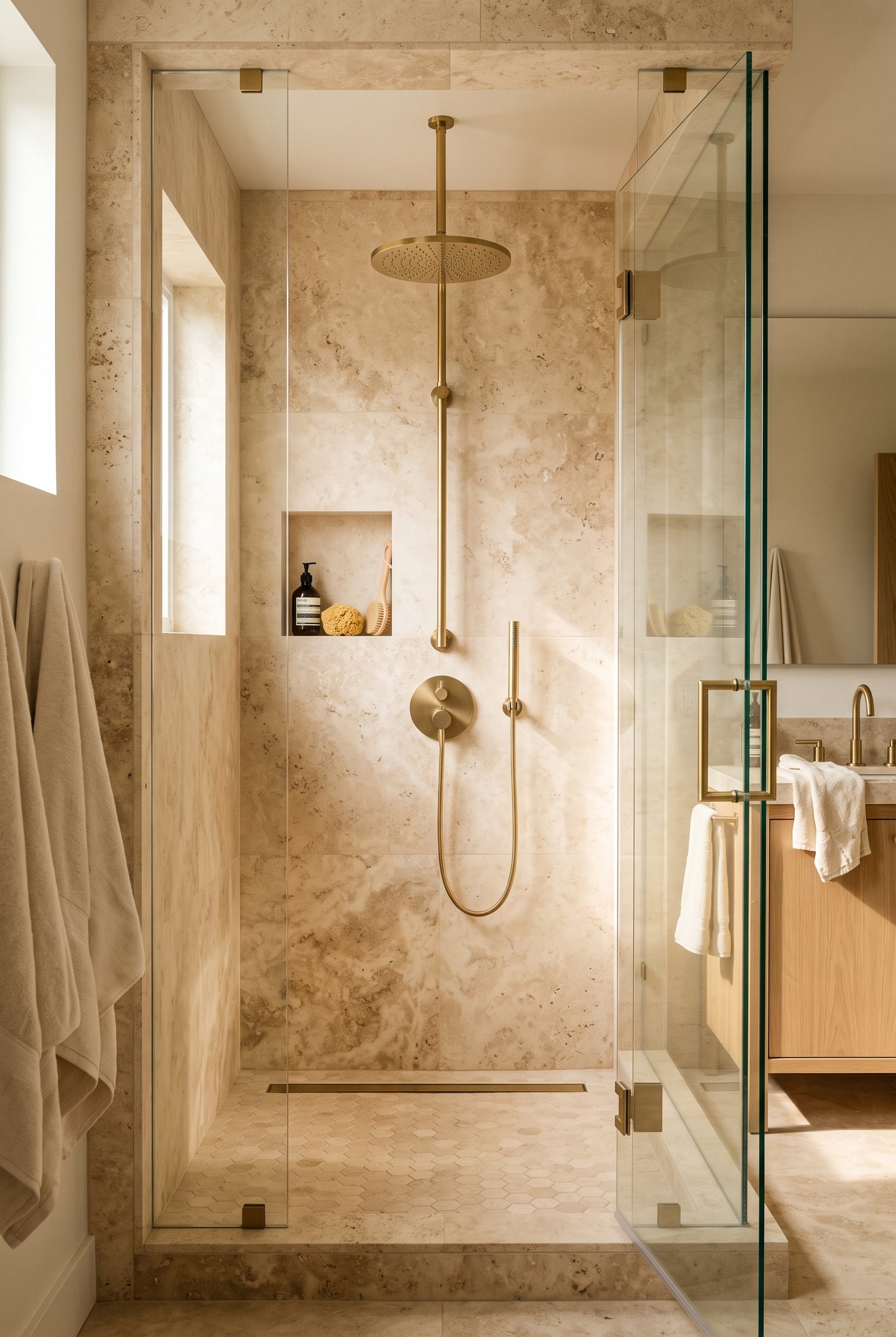 Luxury walk-in shower under $1500 with a brushed brass rainfall shower system