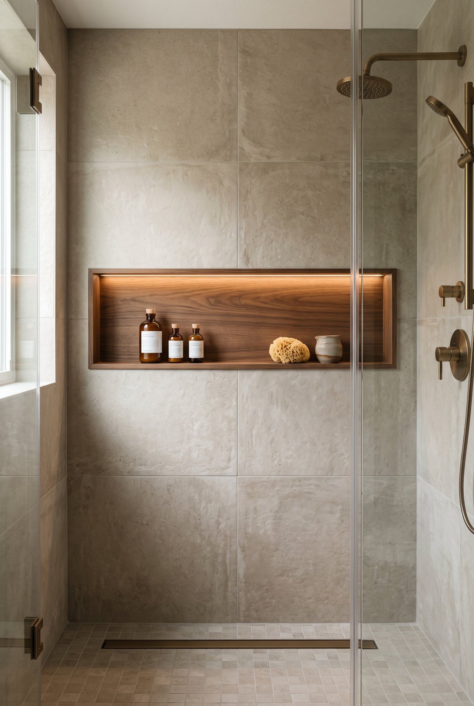 Recessed shower niche with organized bath products in a modern walk-in shower