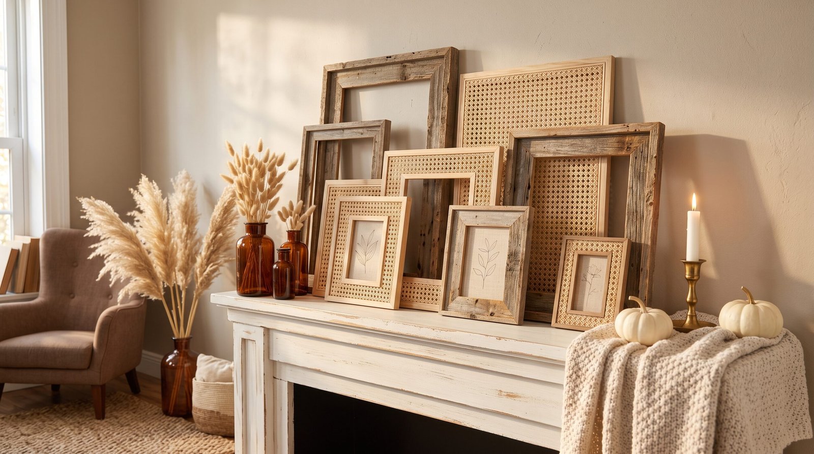 fall mantel decorating ideas using warm neutrals layered wooden frames