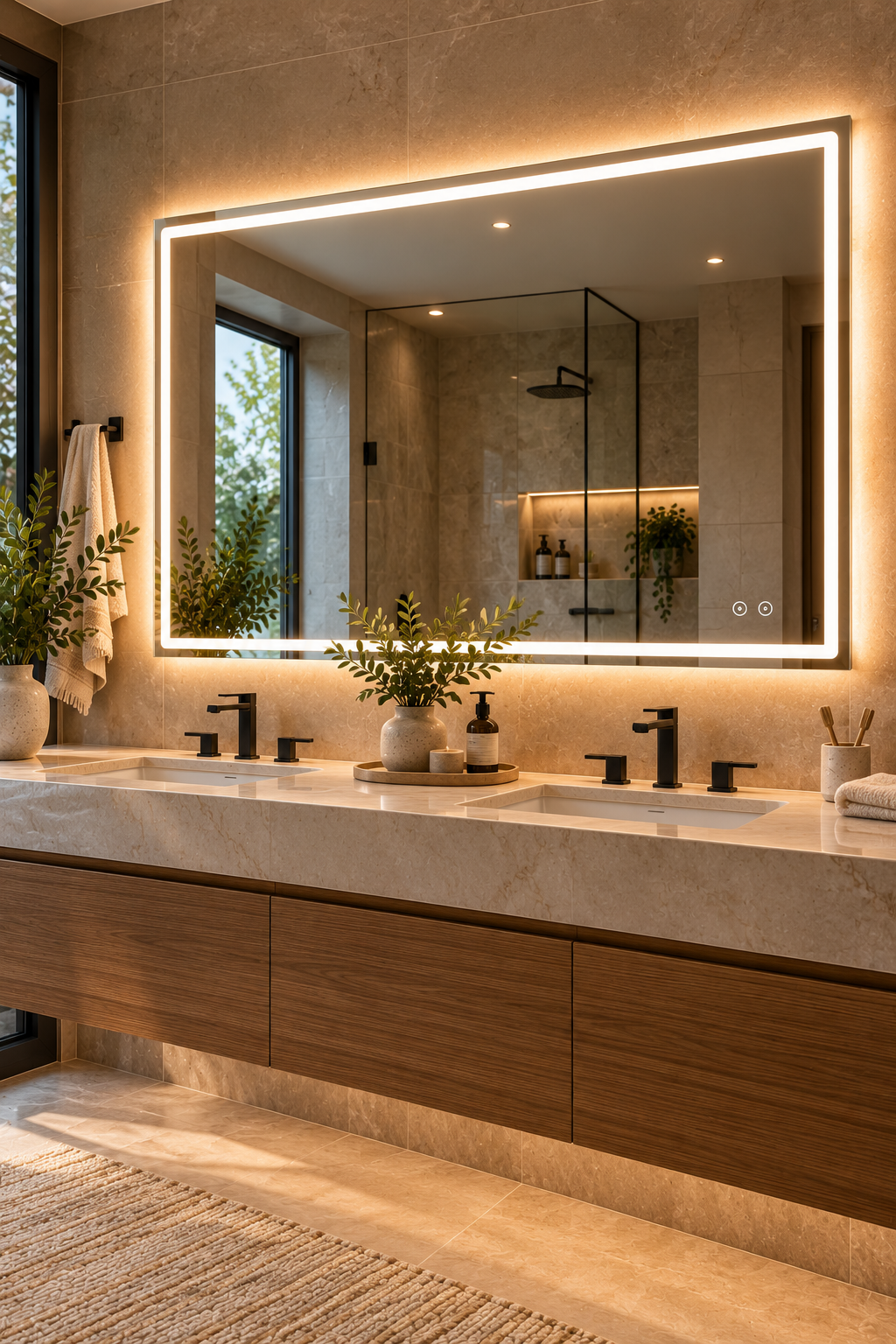 Rectangular front and backlit frameless LED mirror in a modern bathroom