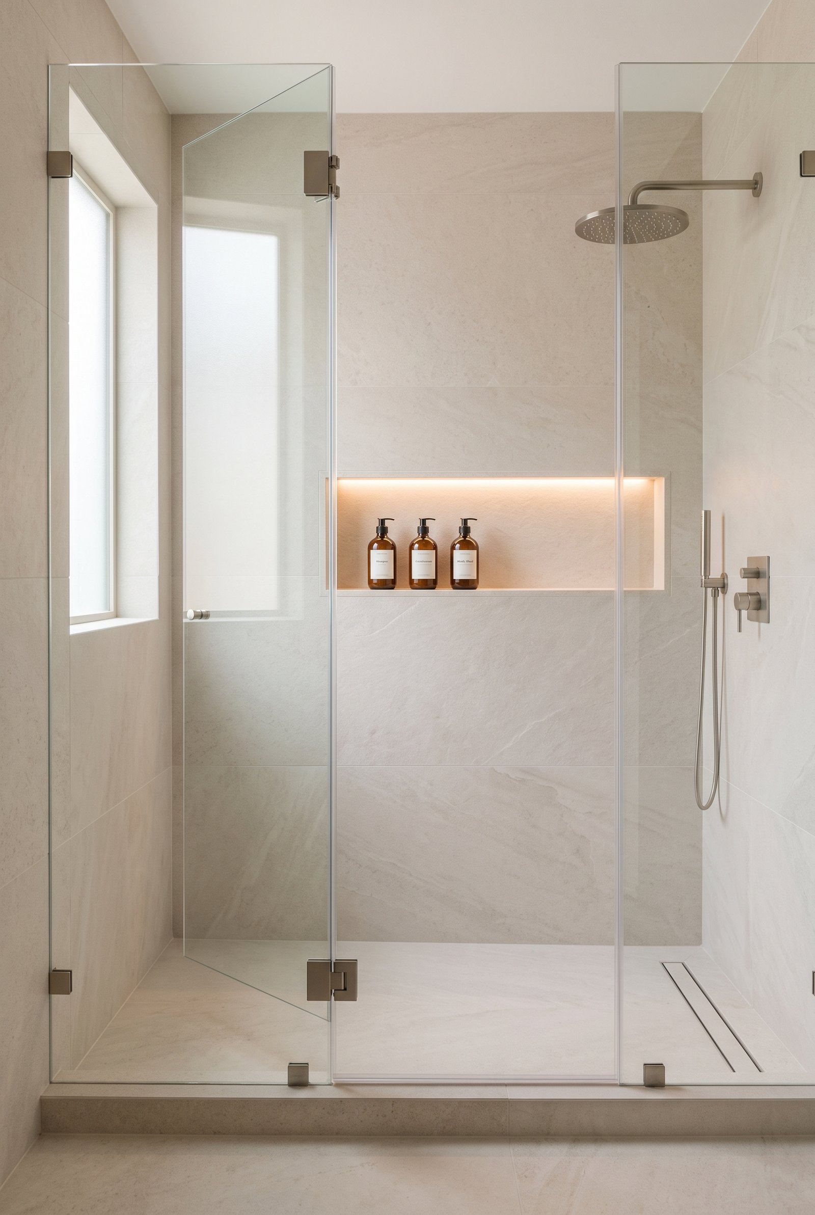 Matching refillable shower dispensers in a minimalist walk-in shower niche