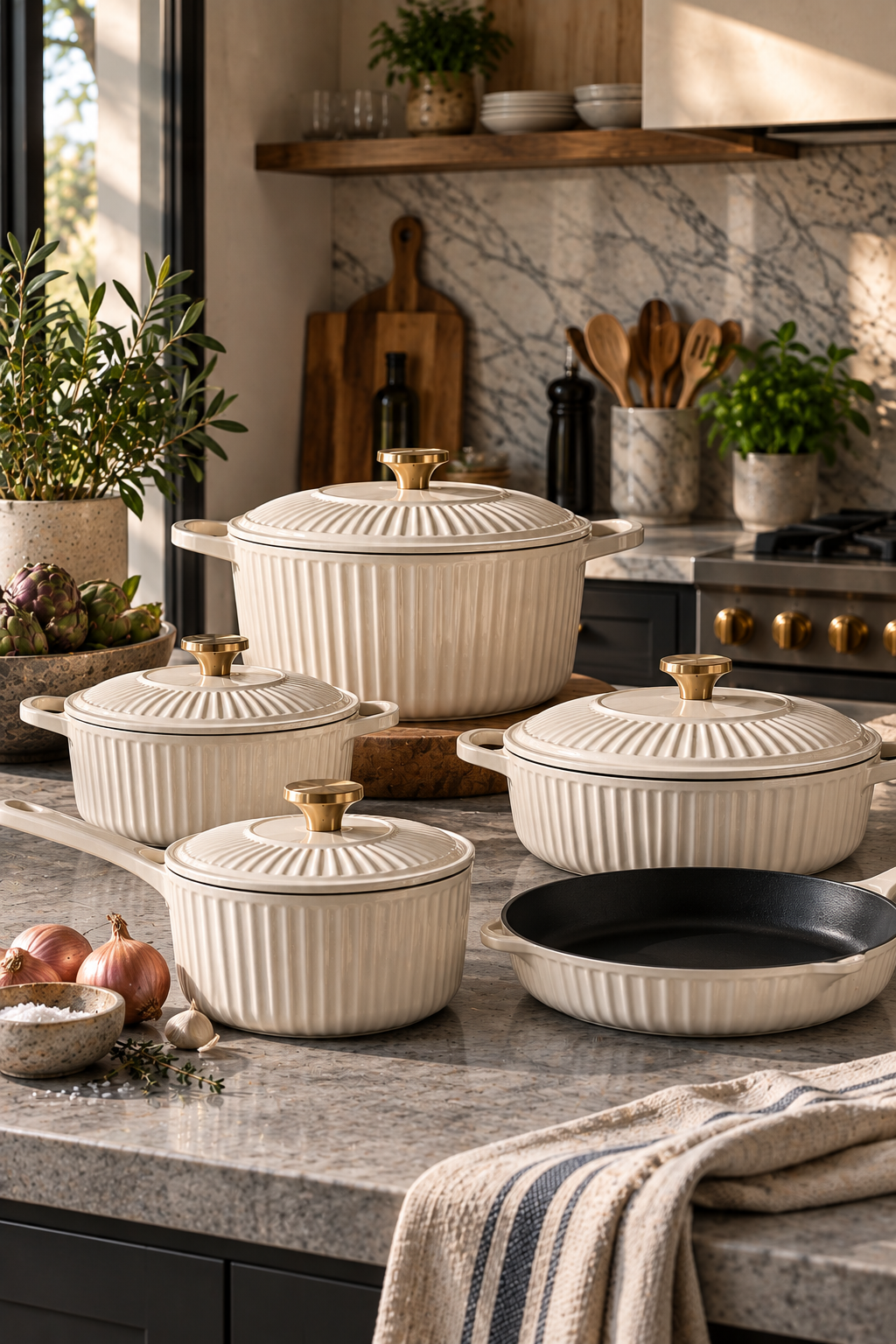 Ribbed cream cookware in an elegant modern kitchen