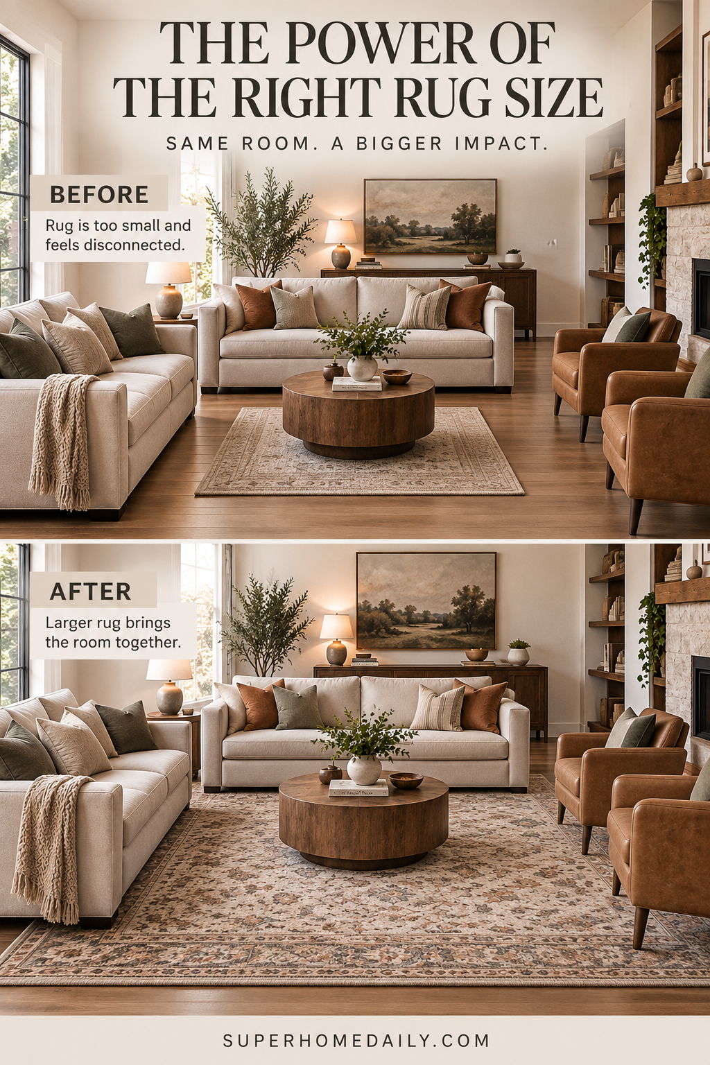 Before and after showing how to choose the right rug size based on furniture placement