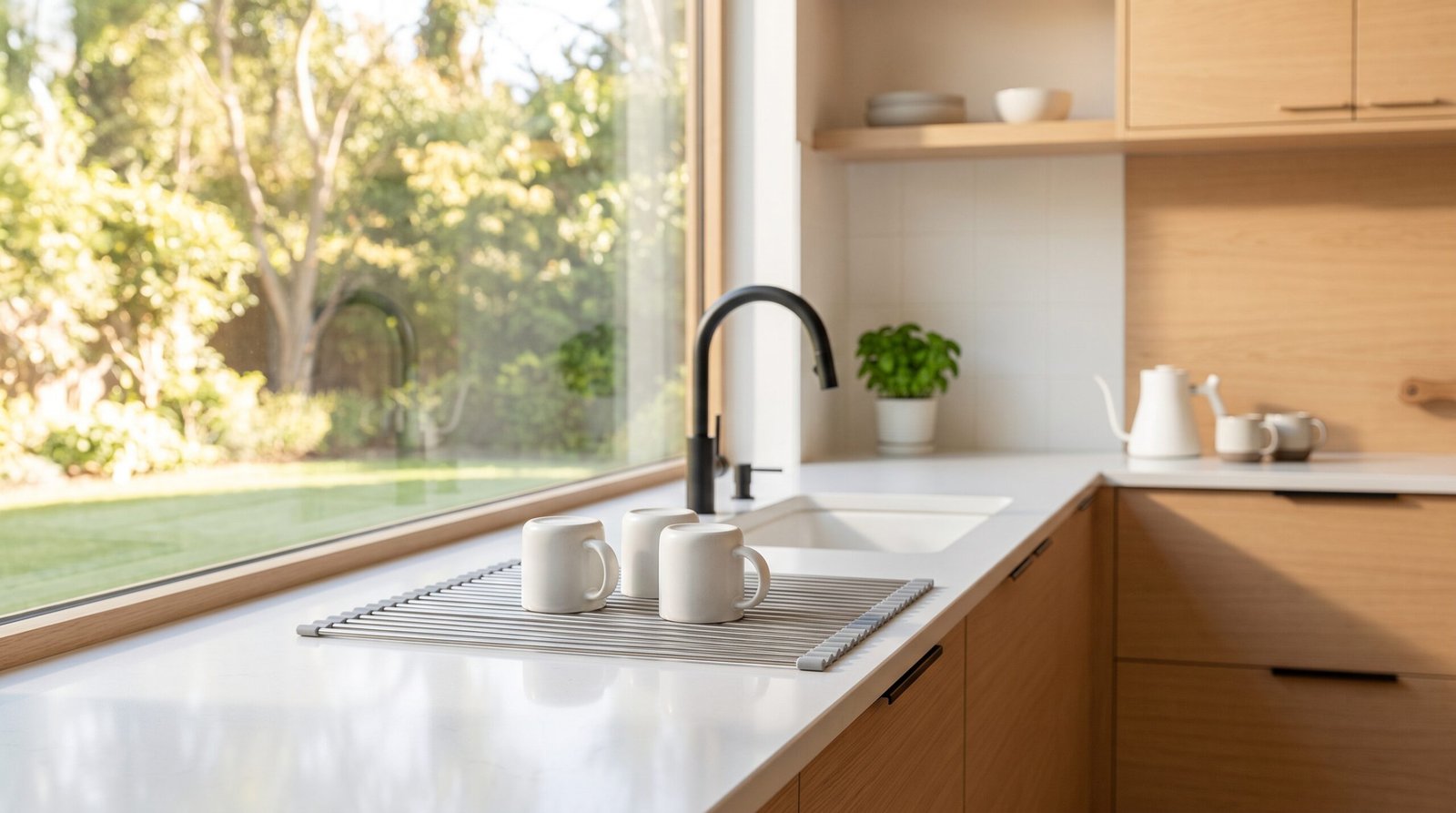 Sleek stainless steel roll-up dish drying rack over kitchen sink