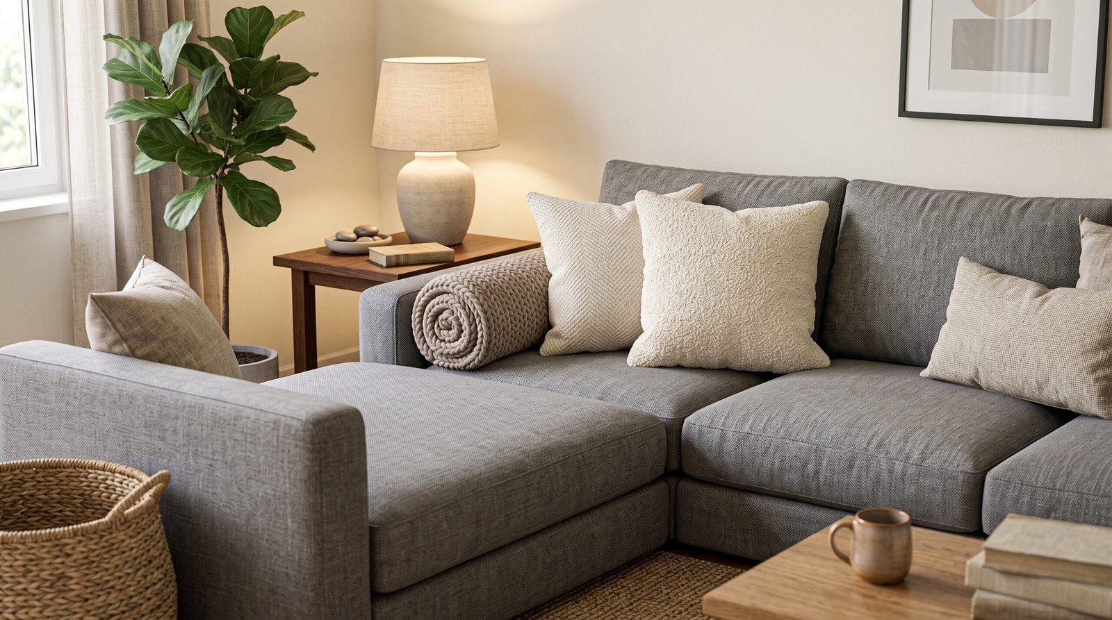 style chunky knit blankets on your sofa rolled behind accent pillows