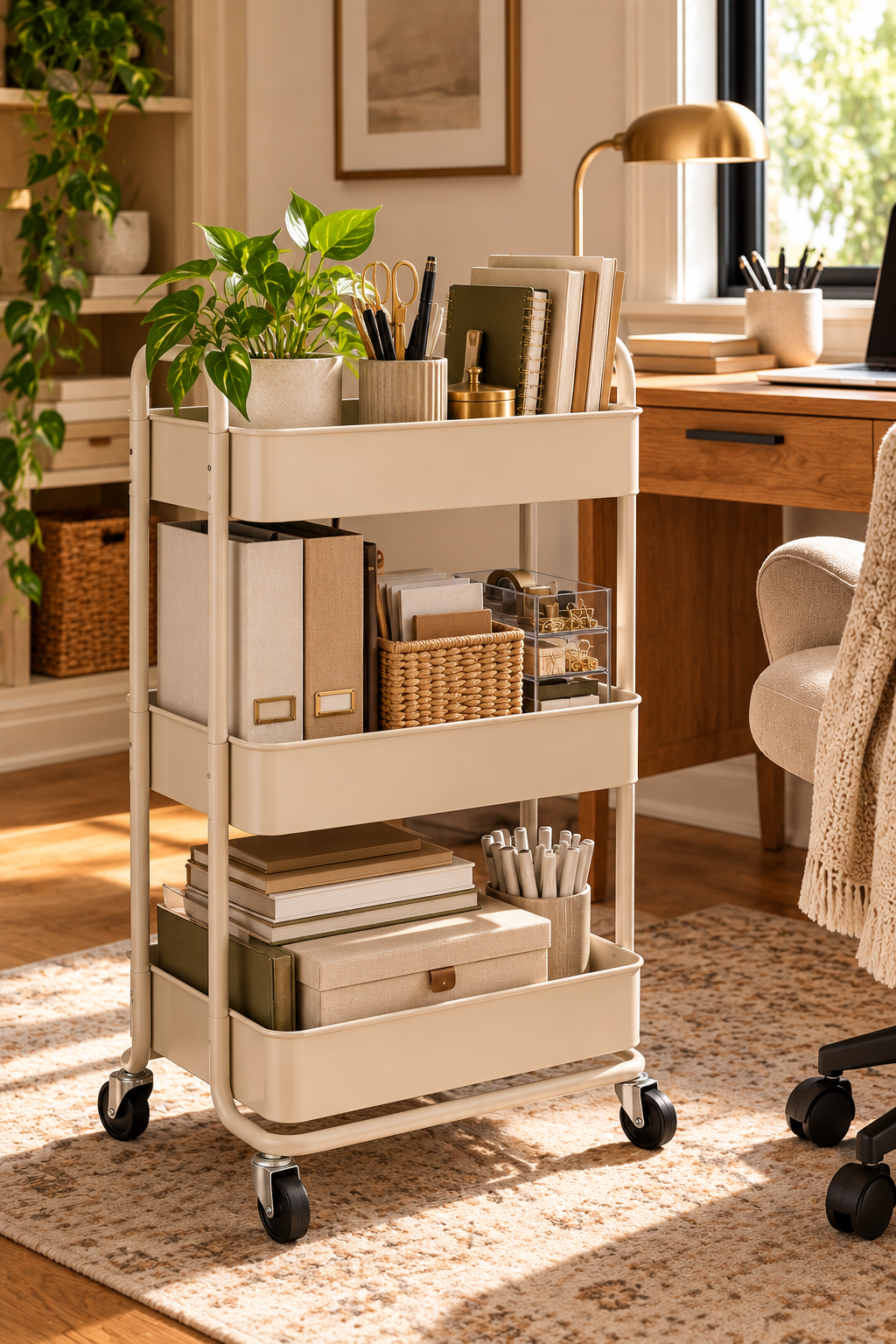 Rolling storage cart for smart home organizers and office supplies