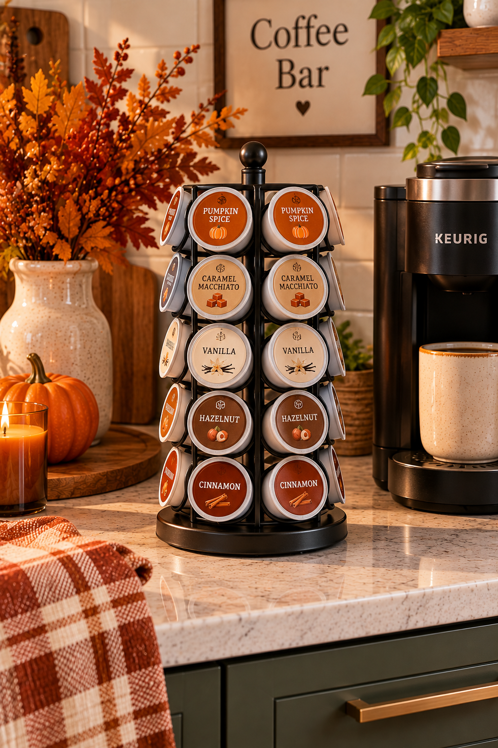 Rotating coffee pod carousel for organized fall coffee bar ideas