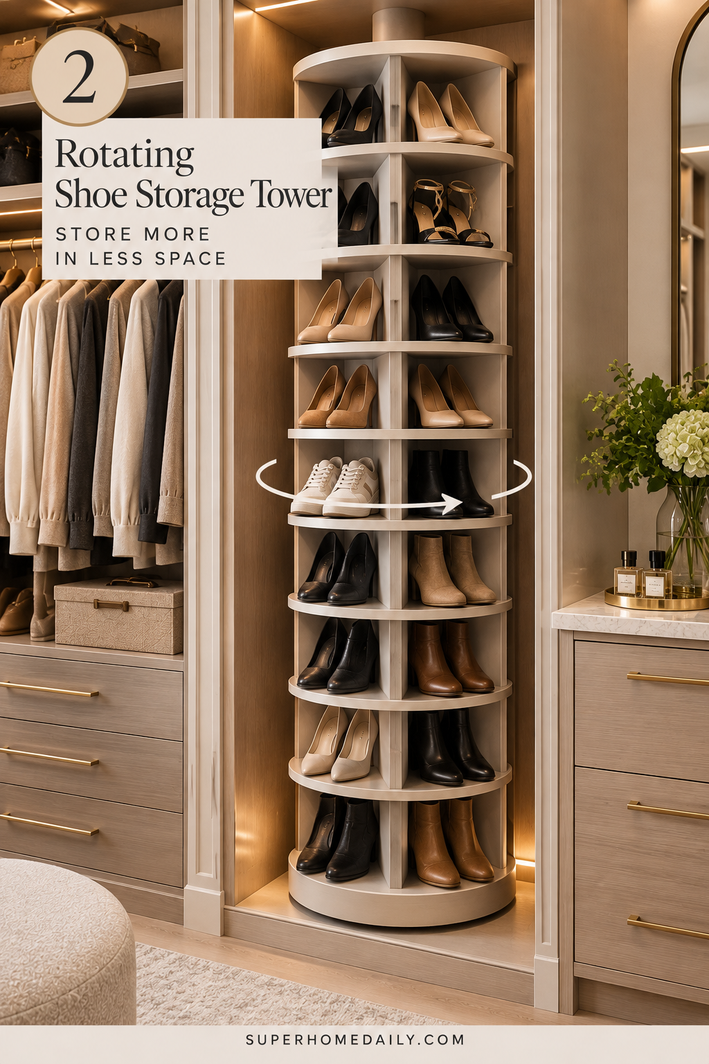 Rotating shoe storage tower maximizing space in a luxury walk-in closet