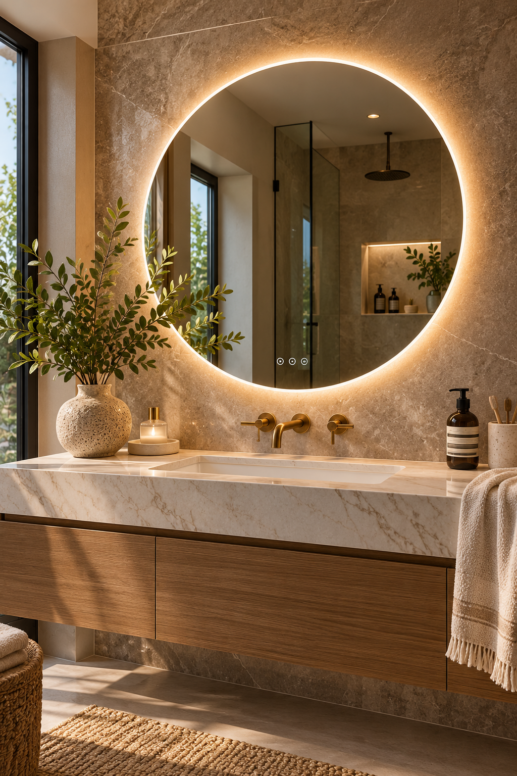 Round backlit frameless LED mirror in a modern bathroom