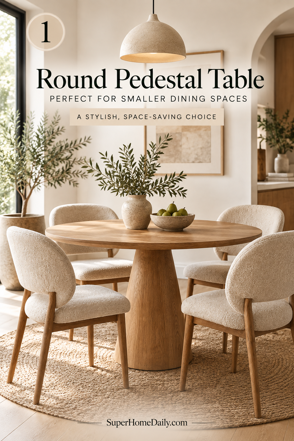 Round pedestal modern organic dining table with a sculptural wood base in a stylish dining room