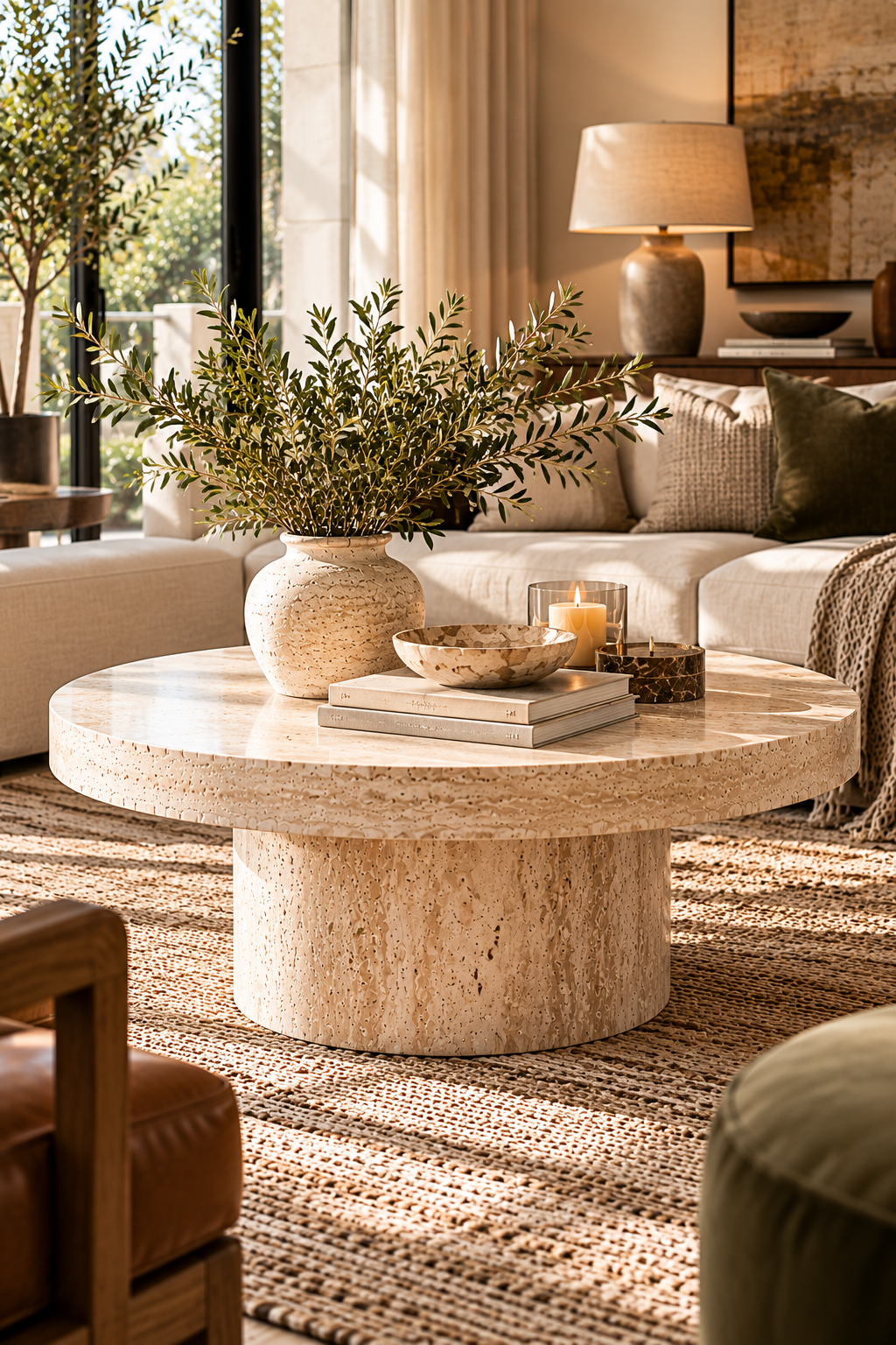 Round travertine pedestal statement coffee table in a modern living room