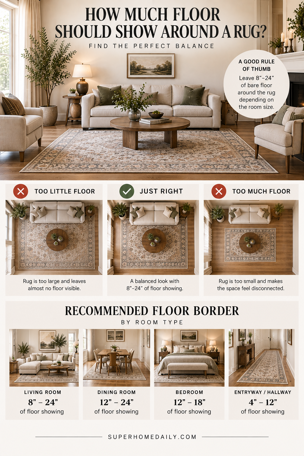 Guide showing how much visible floor to leave around an area rug for balanced room proportions