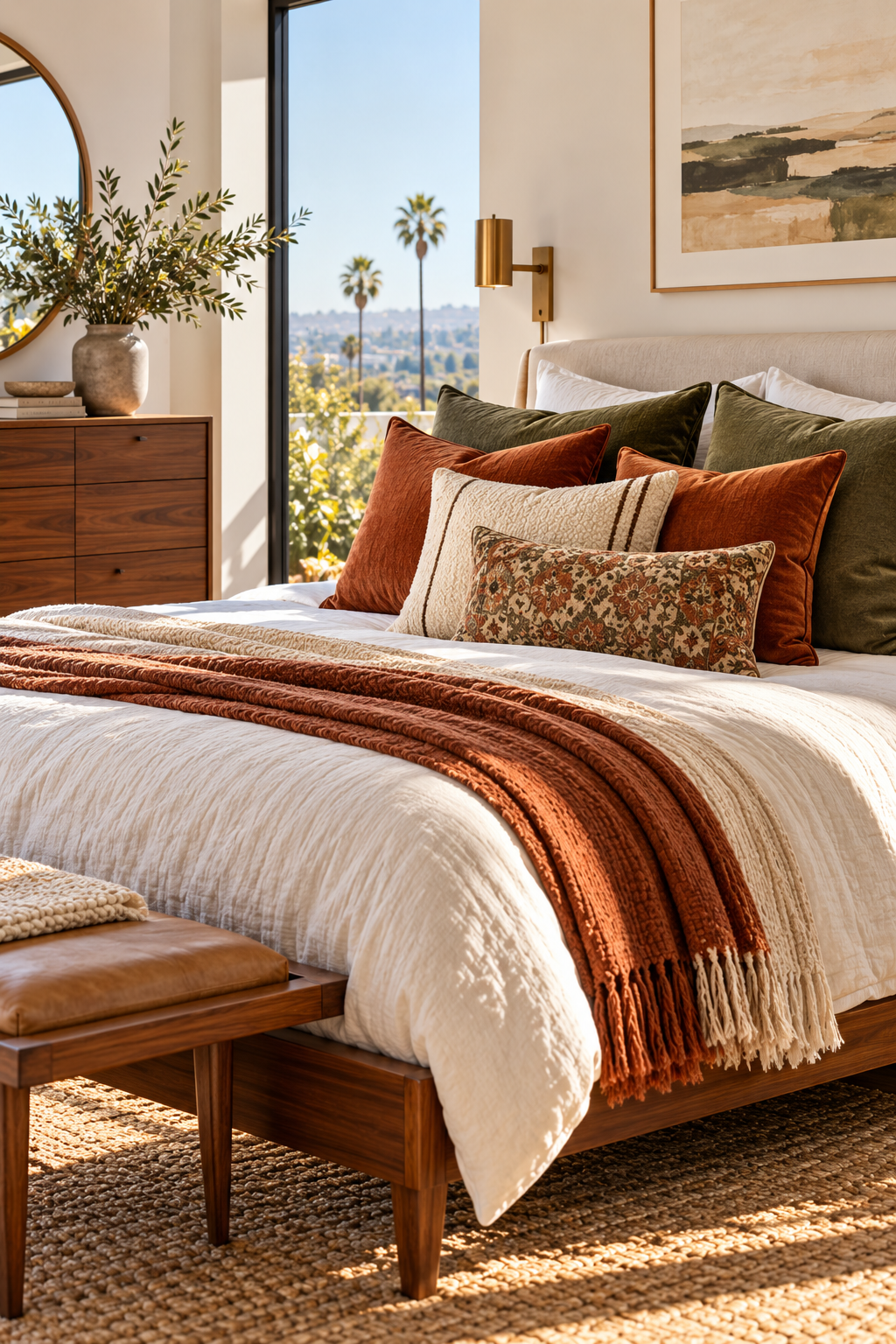 Rust and olive accent pillows for stylish fall bedroom decorating ideas