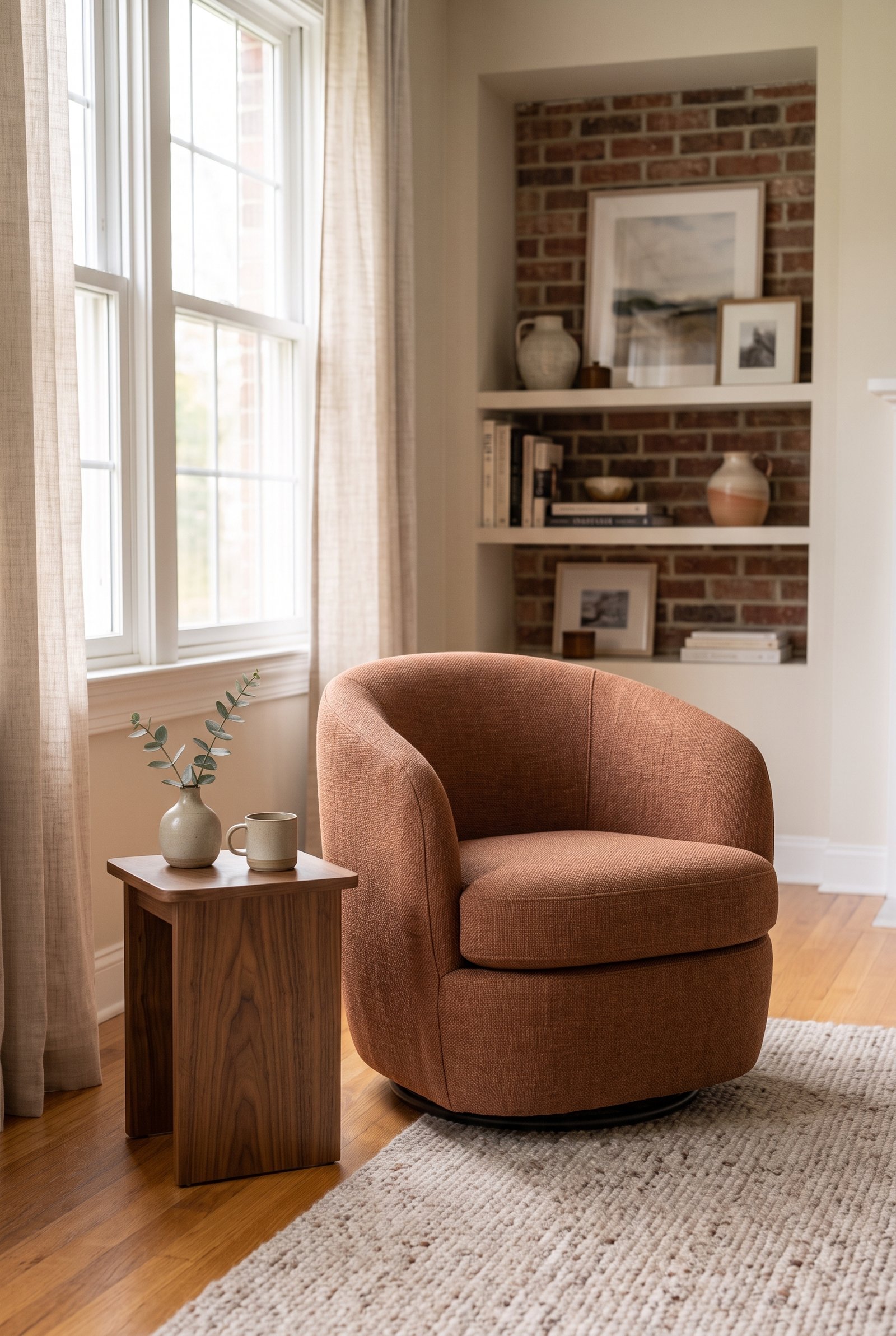 Rust swivel accent chair in a warm modern living room