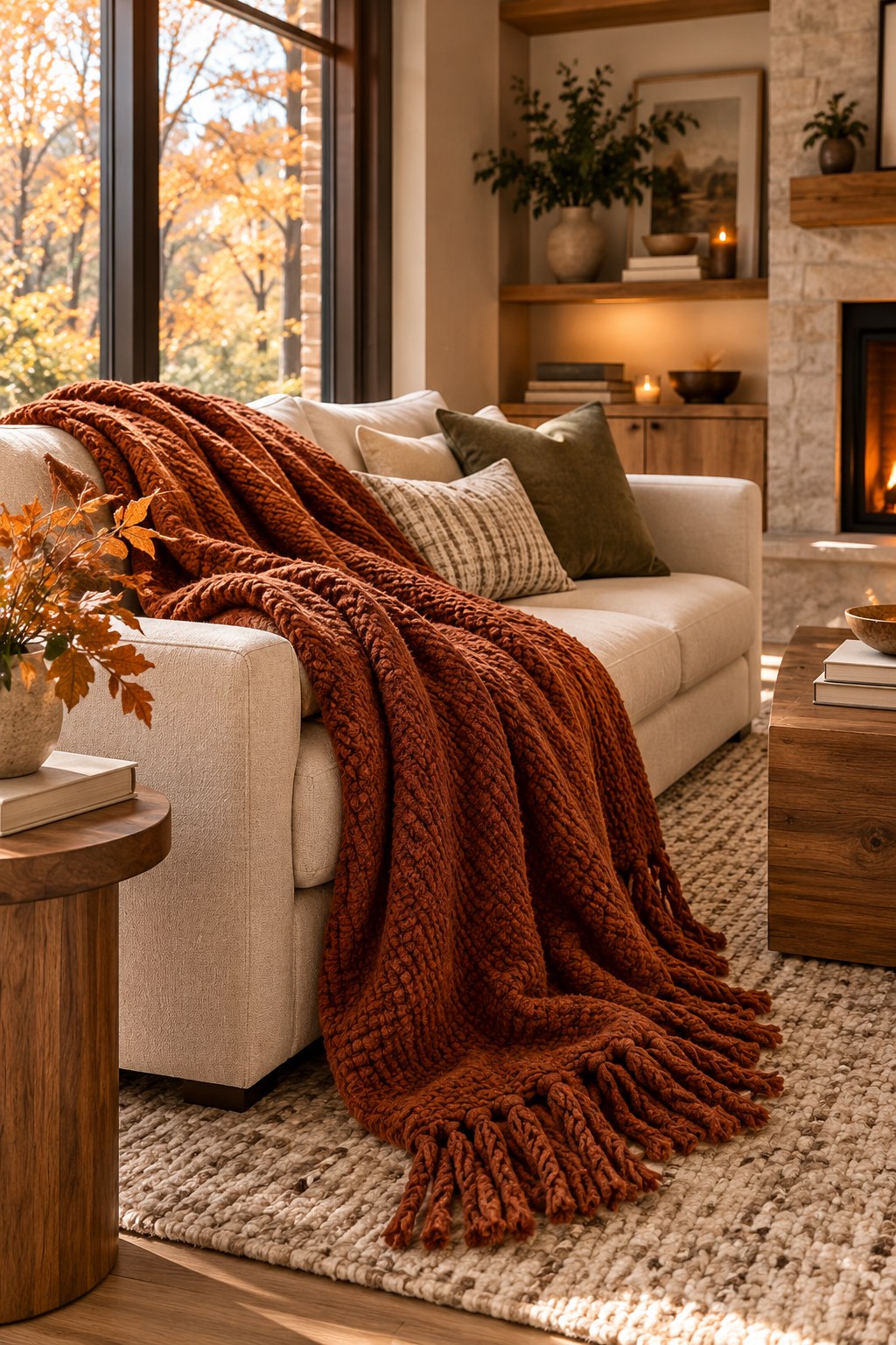 Rust textured throw blanket for warm minimalist living room ideas in fall