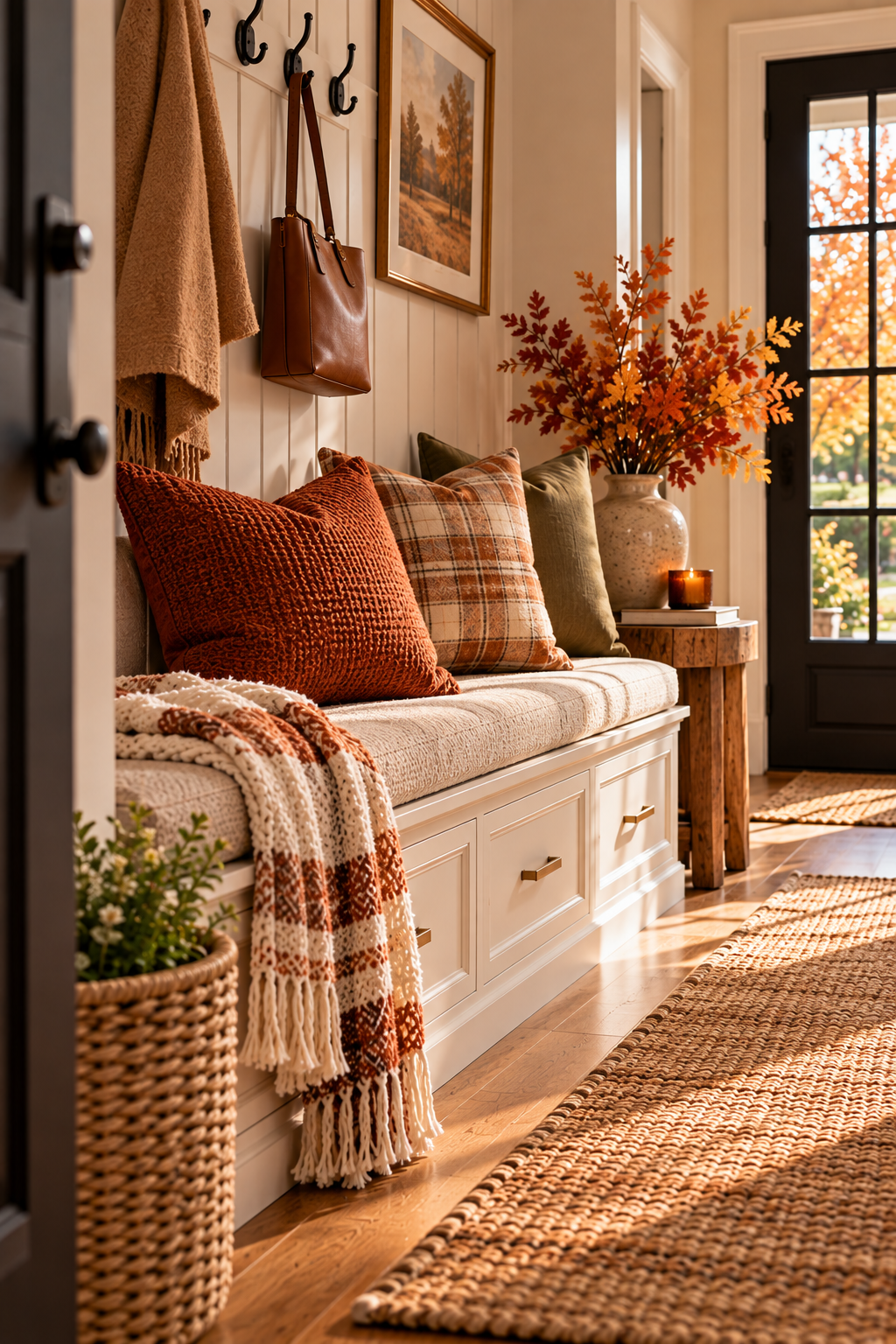 Rust textured throw pillow for cozy fall entryway ideas