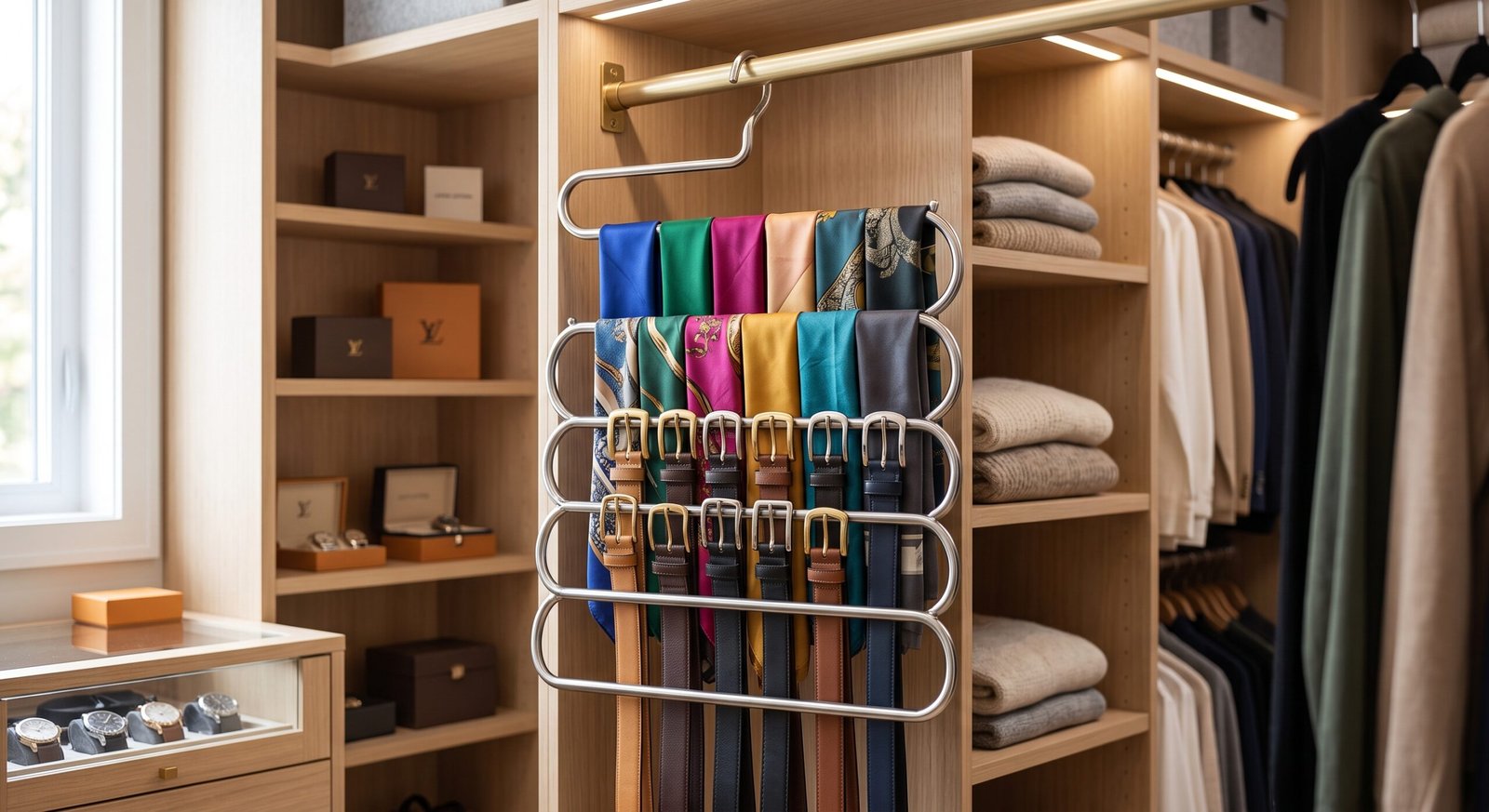 space-saving amazon hangers that double closet space for scarves and belts