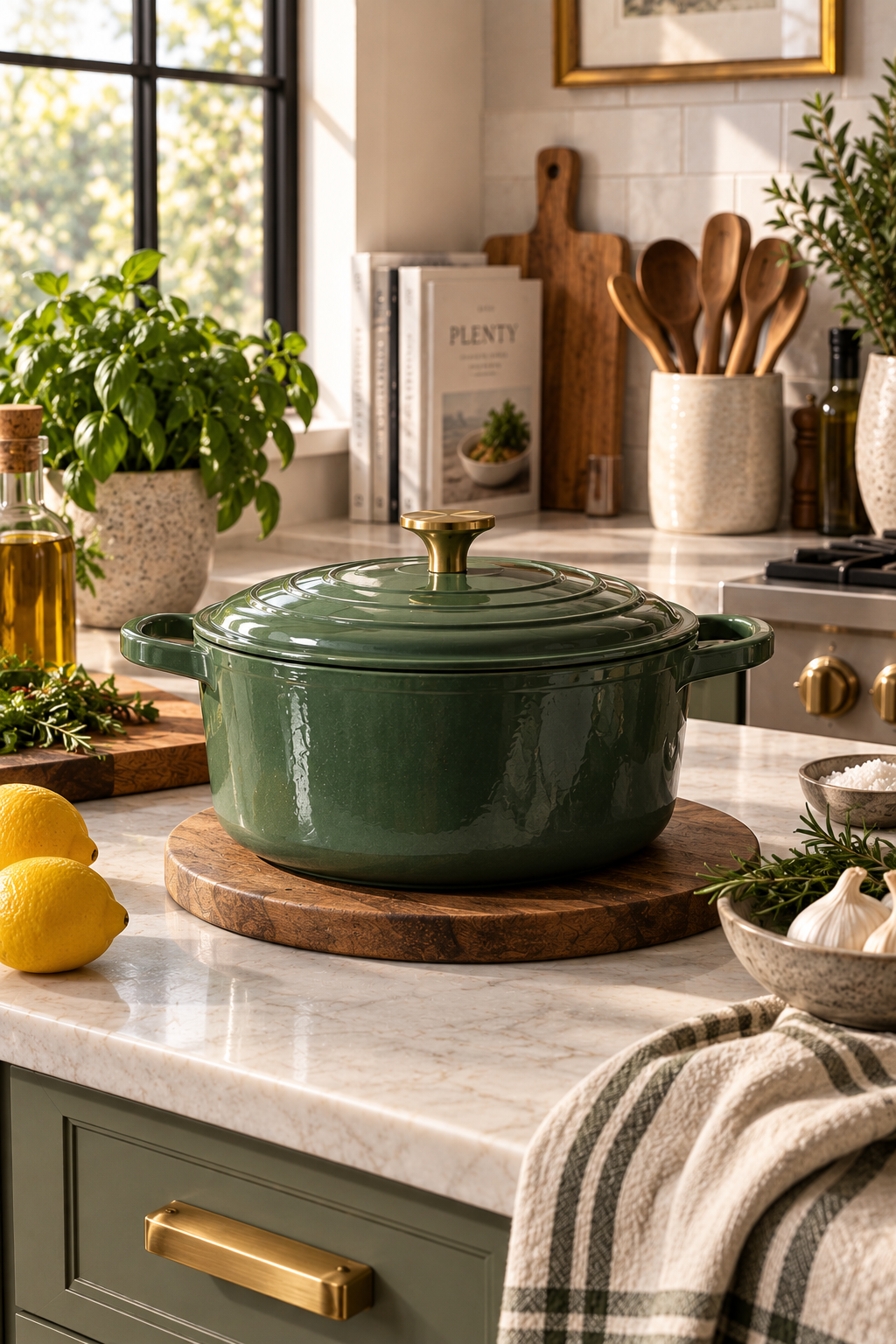 Sage green cookware in a stylish modern kitchen