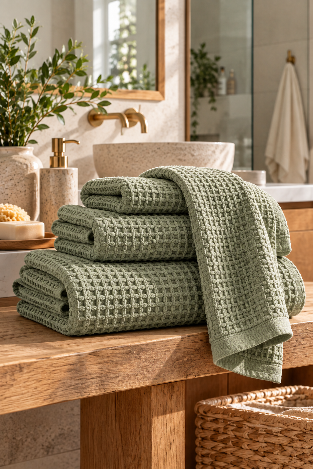 Sage green organic waffle weave bath towel in a modern bathroom