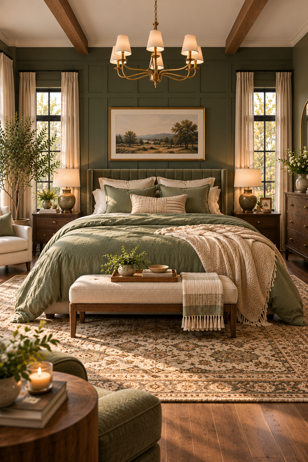 Sage green washed linen duvet cover set styled in an American Craftsman bedroom