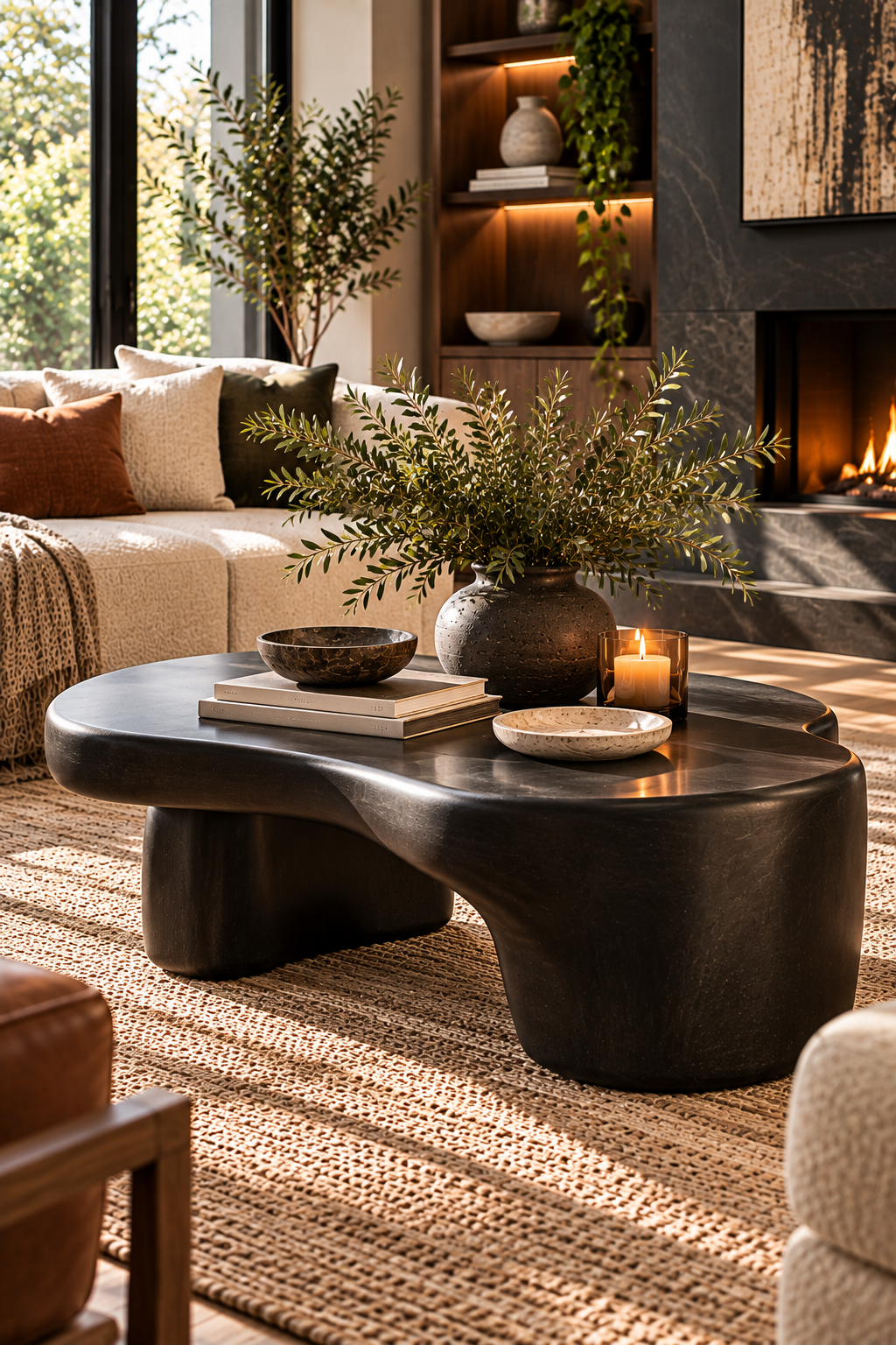 Sculptural black statement coffee table in a contemporary living room