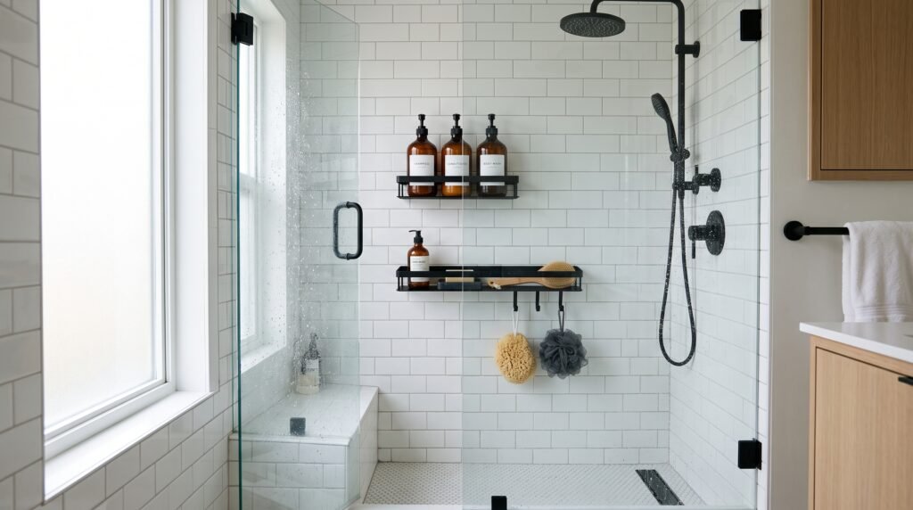 shower caddy hacks to keep tile walls clutter-free in modern subway tile bathroom