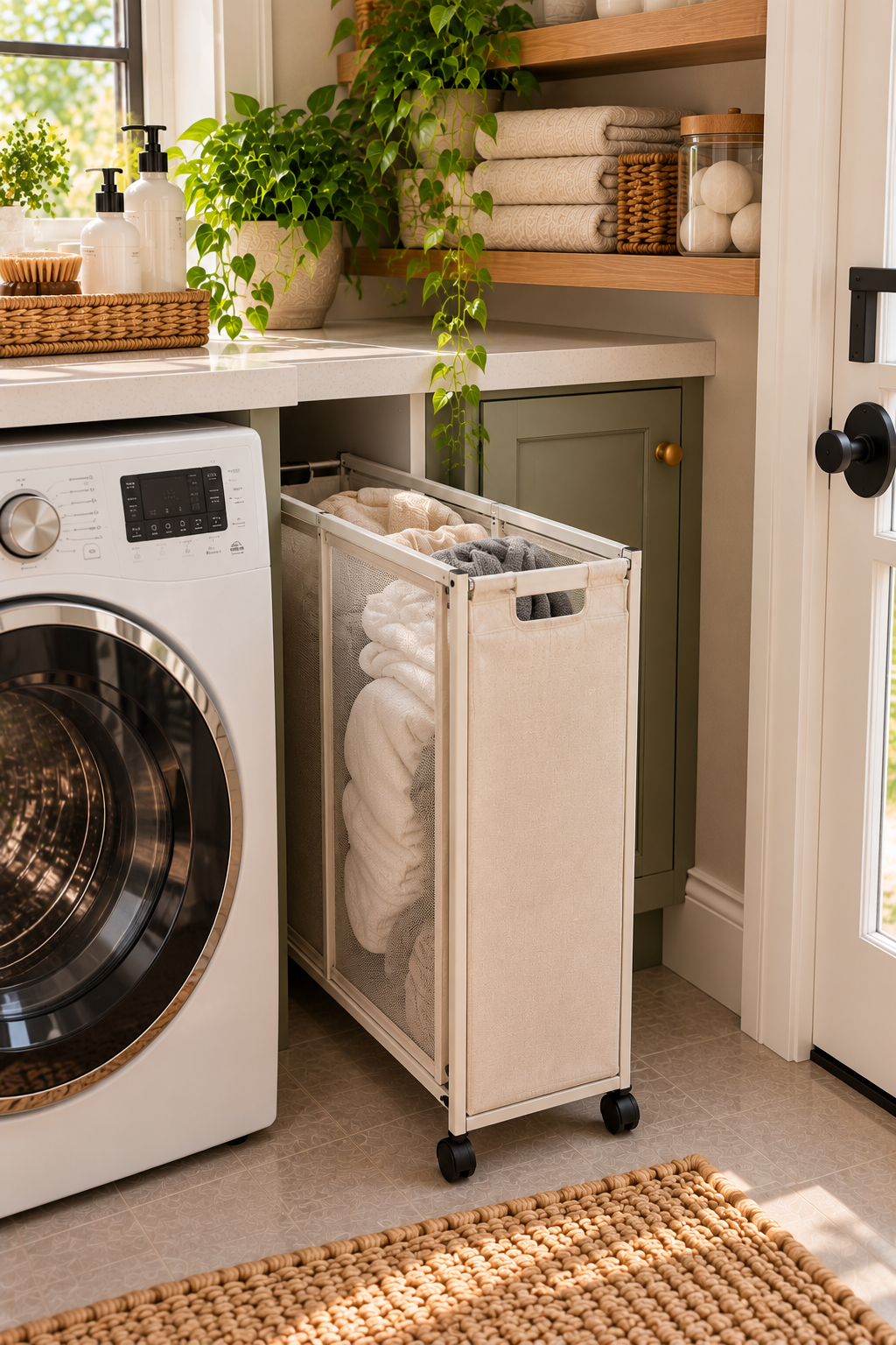 Slim laundry hamper for small laundry room storage